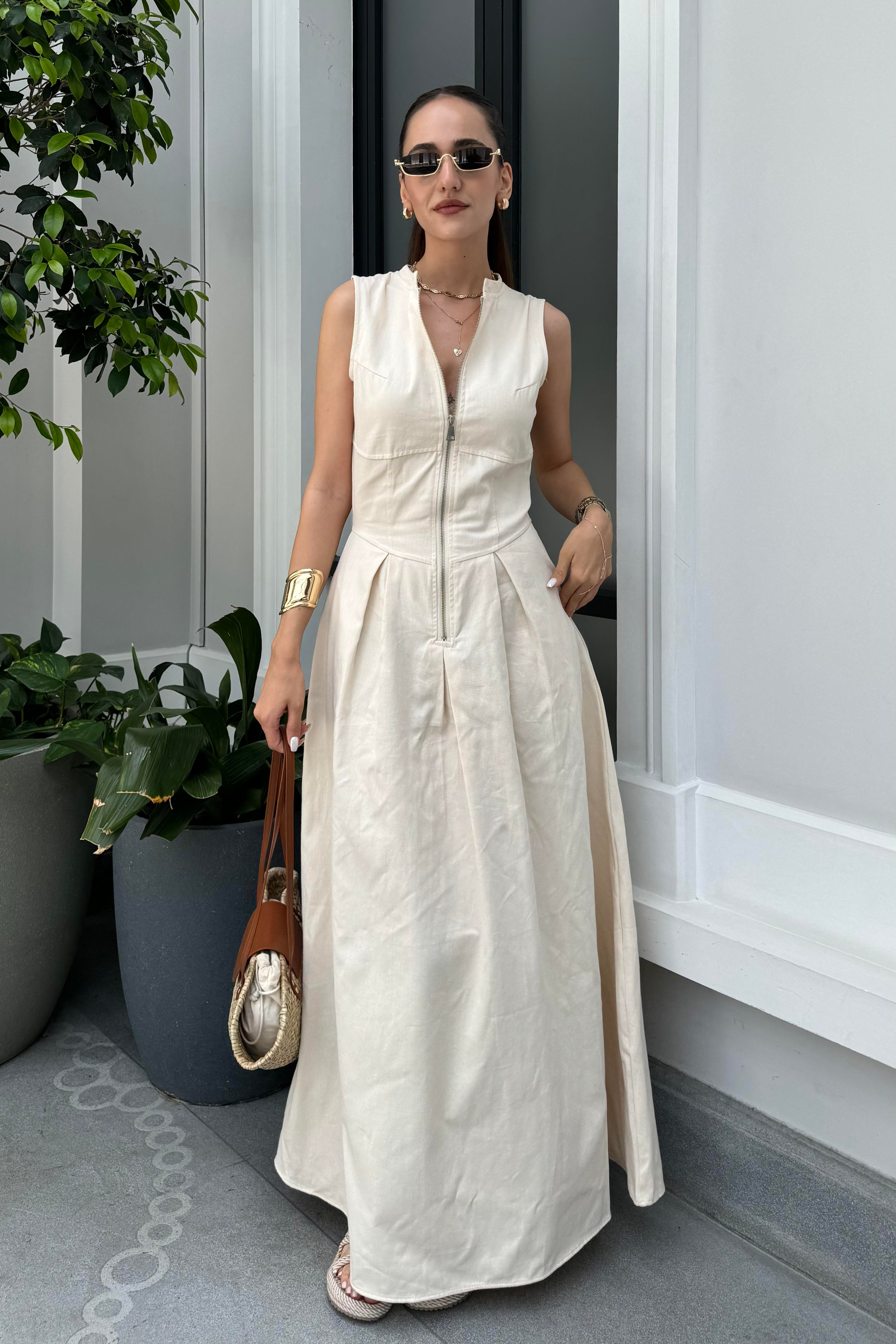 Ekru Gabardin Uzun Elbise - Kadın Elbise Modelleri - Nazliye Moda - Kadın Giyim Modası