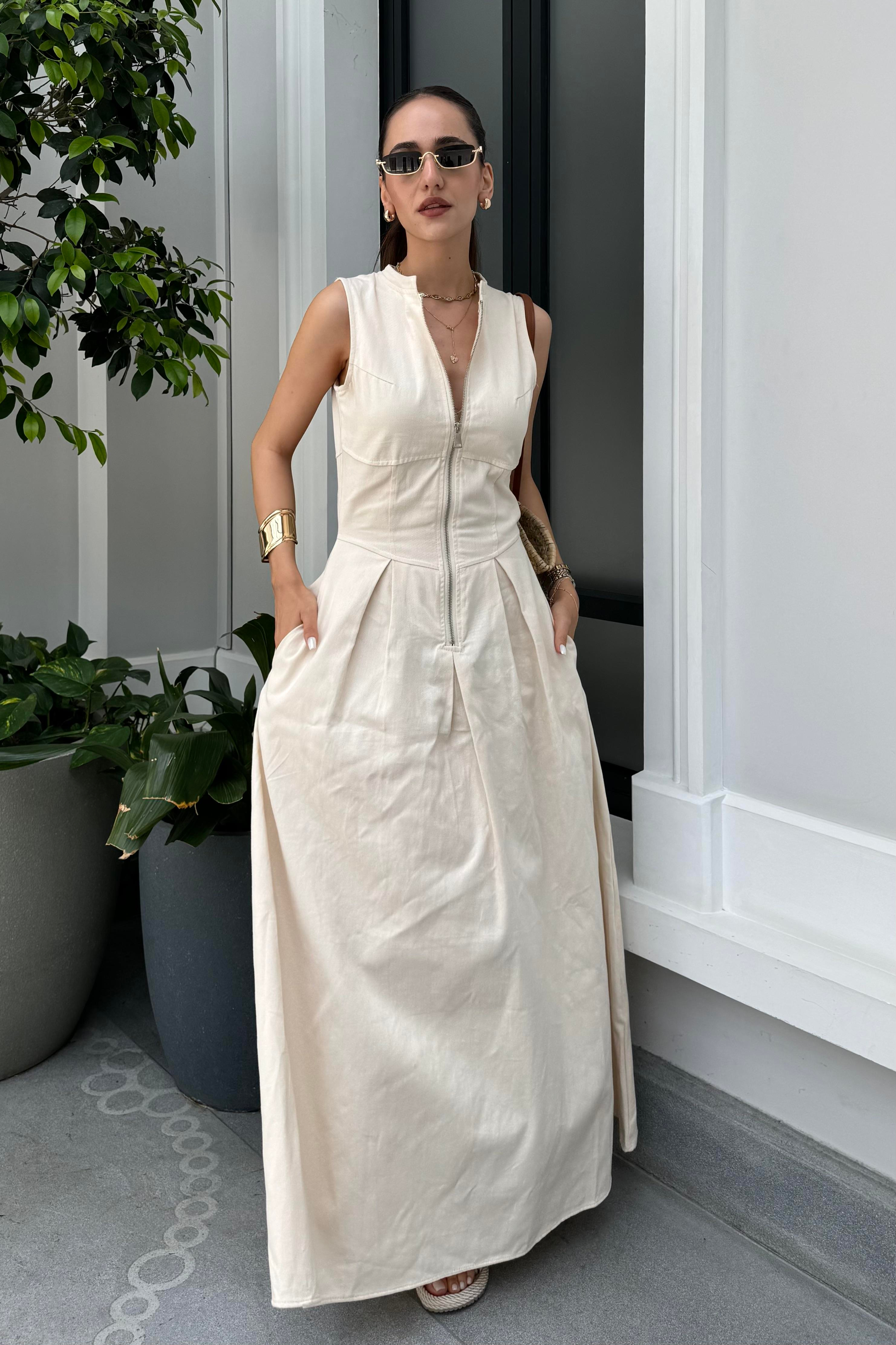 Ekru Gabardin Uzun Elbise - Kadın Elbise Modelleri - Nazliye Moda - Kadın Giyim Modası