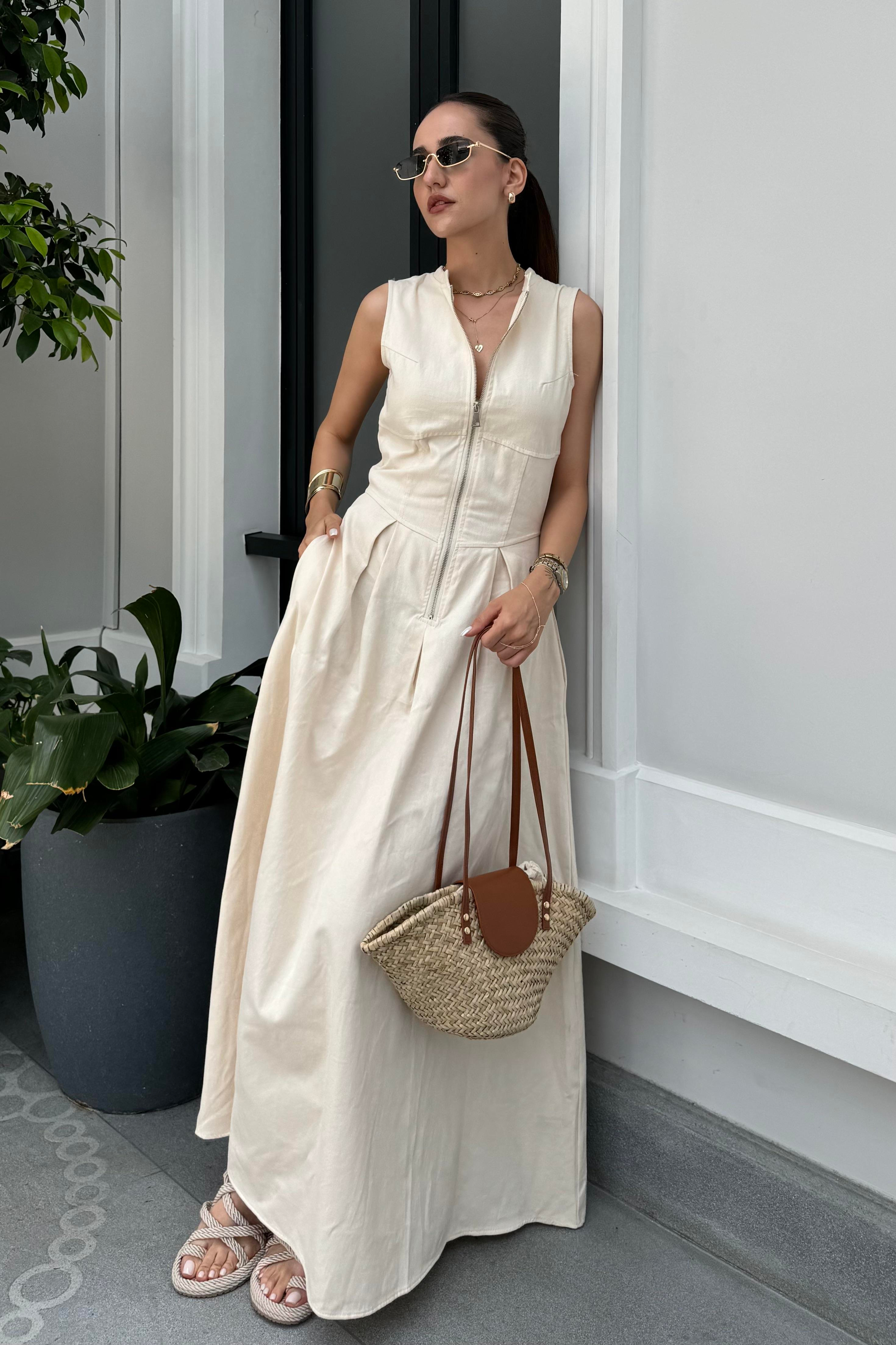 Ekru Gabardin Uzun Elbise - Kadın Elbise Modelleri - Nazliye Moda - Kadın Giyim Modası