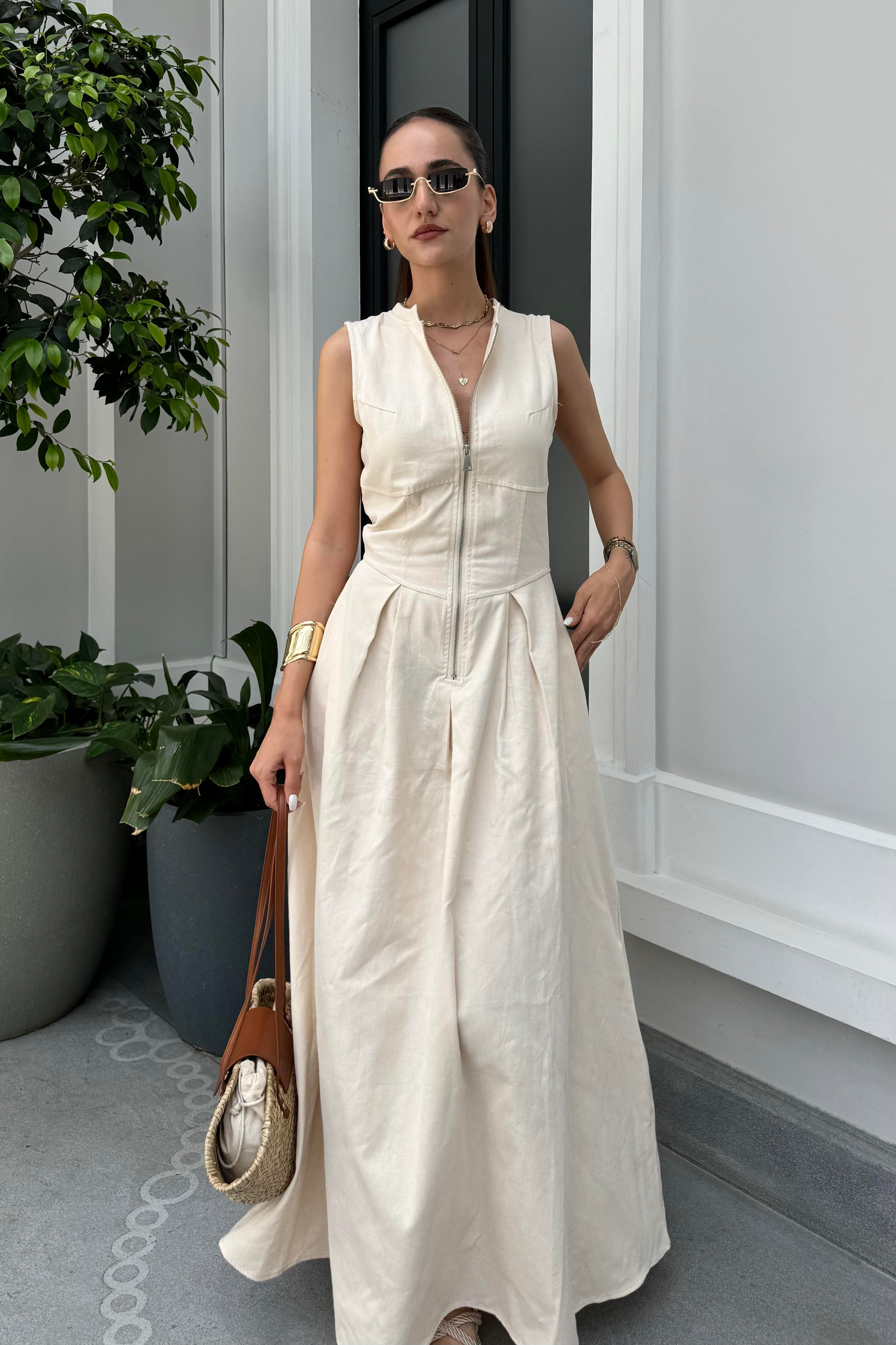 Ekru Gabardin Uzun Elbise - Kadın Elbise Modelleri - Nazliye Moda - Kadın Giyim Modası