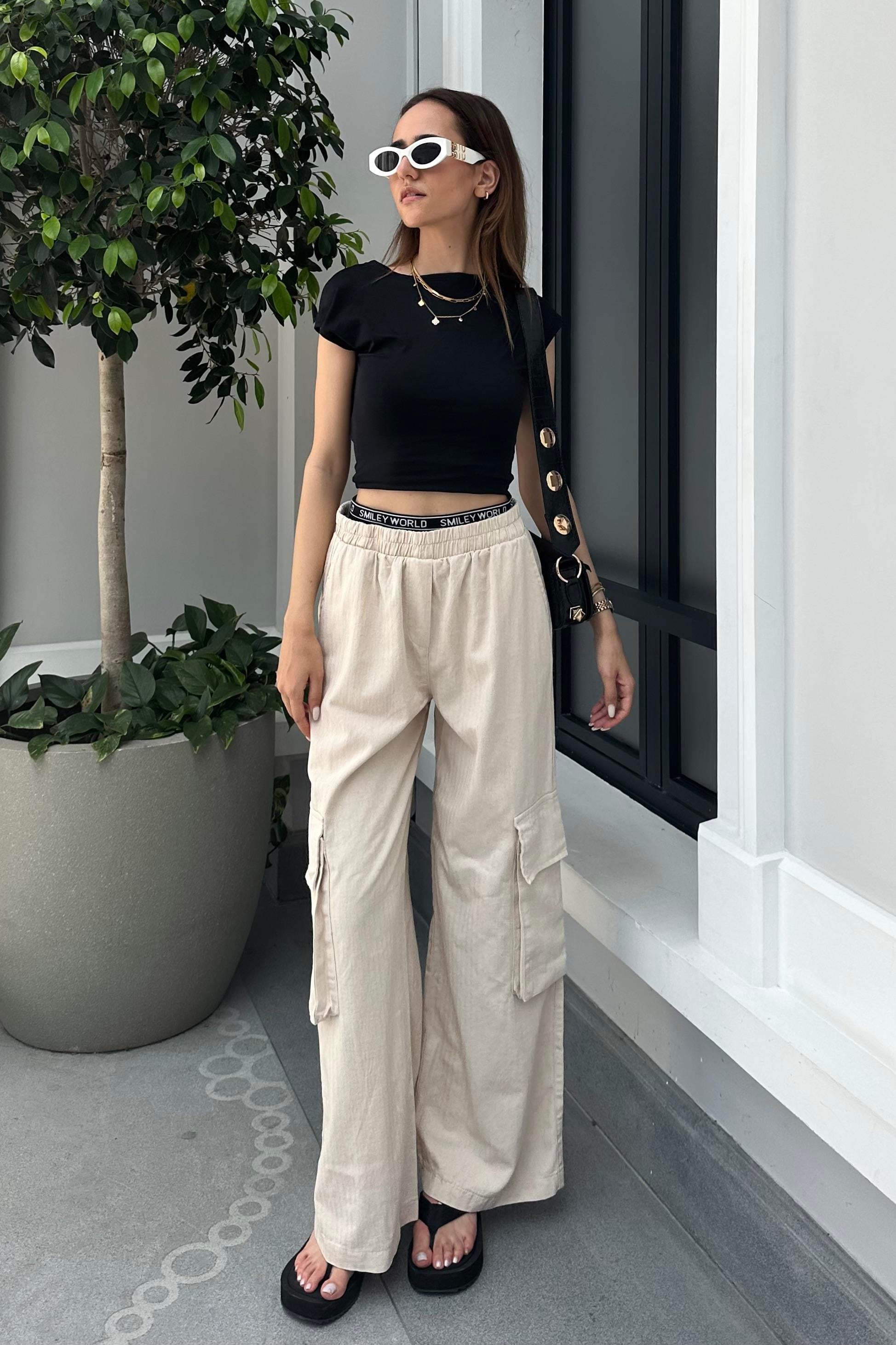 Ekru Kargo Keten Pantolon - Kadın Pantolon Modelleri - Nazliye Moda - Kadın Giyim Modası
