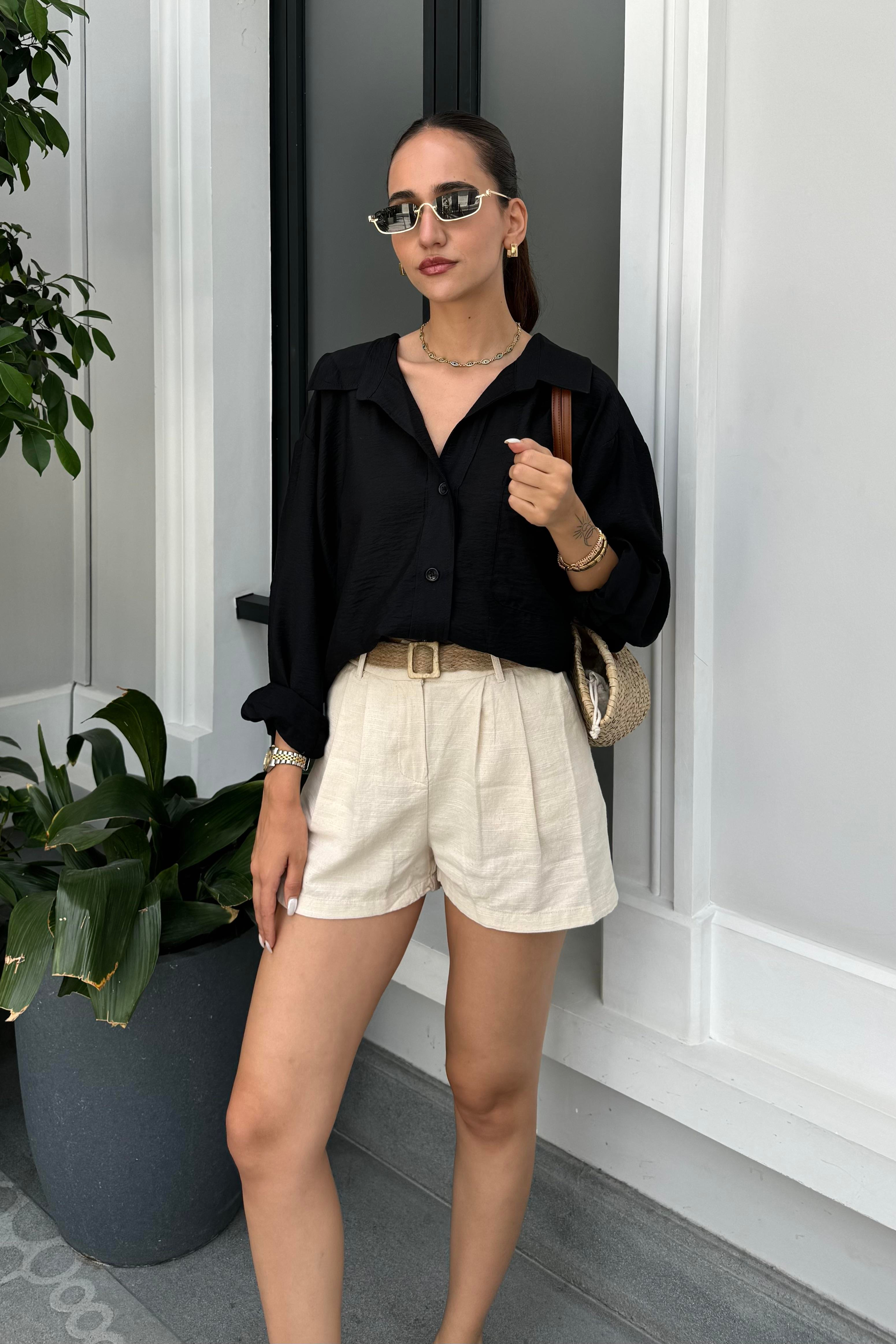 Ekru Kemer Detay Keten Şort - Kadın Shorts Modelleri - Nazliye Moda - Kadın Giyim Modası