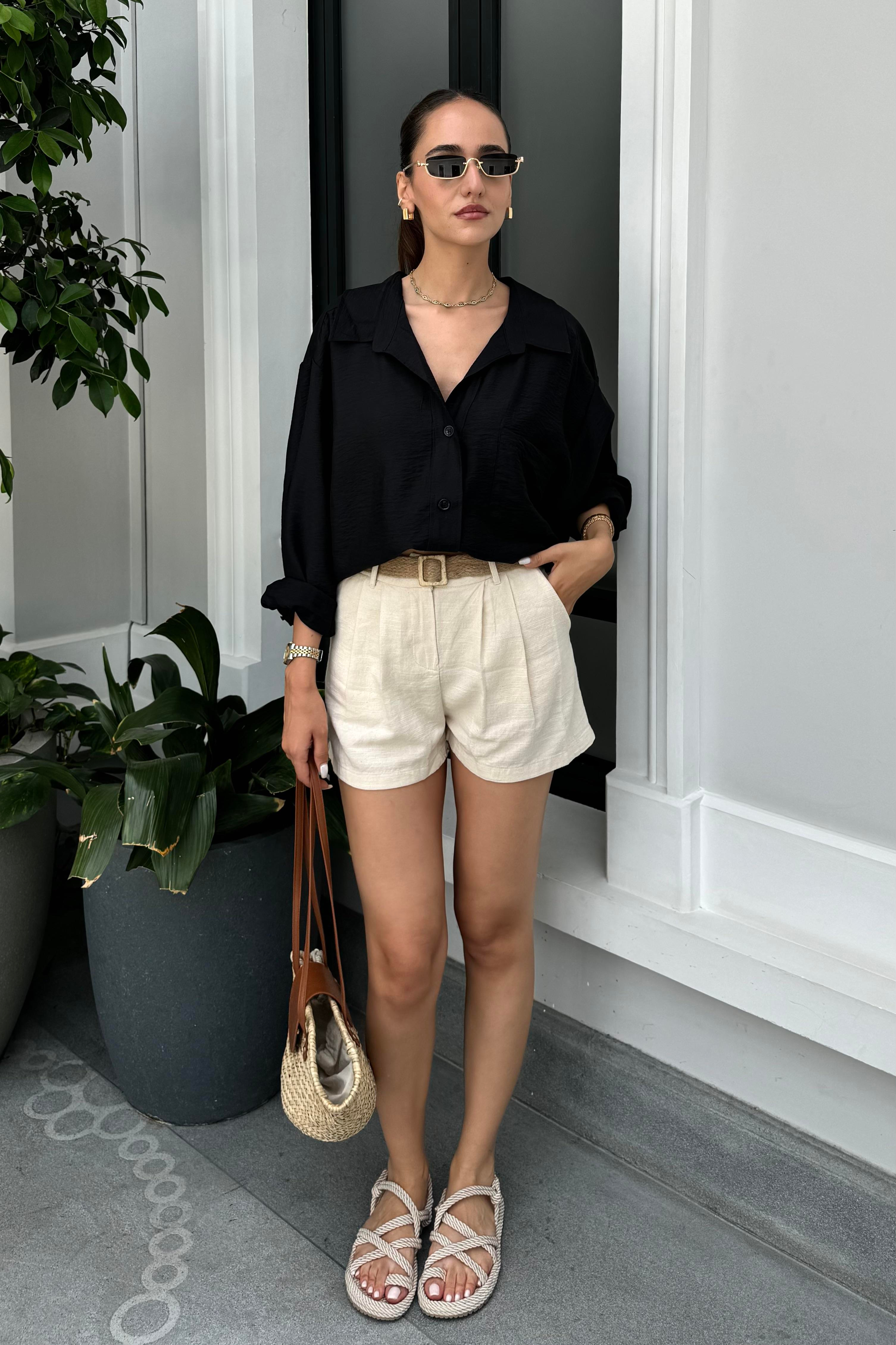 Ekru Kemer Detay Keten Şort - Kadın Shorts Modelleri - Nazliye Moda - Kadın Giyim Modası