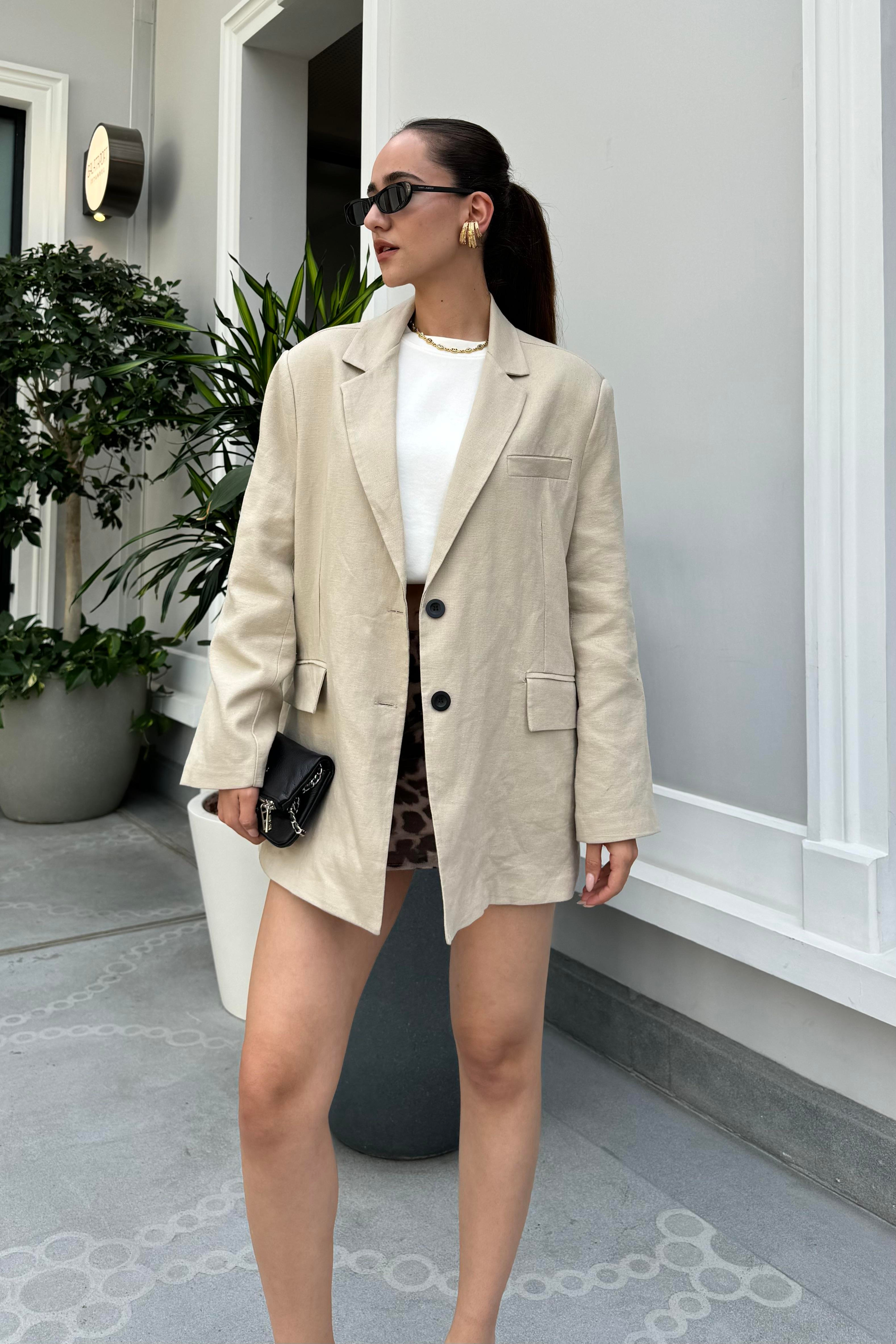 Ekru Keten Oversize Blazer Ceket - Kadın Blazer Jackets Modelleri - Nazliye Moda - Kadın Giyim Modası