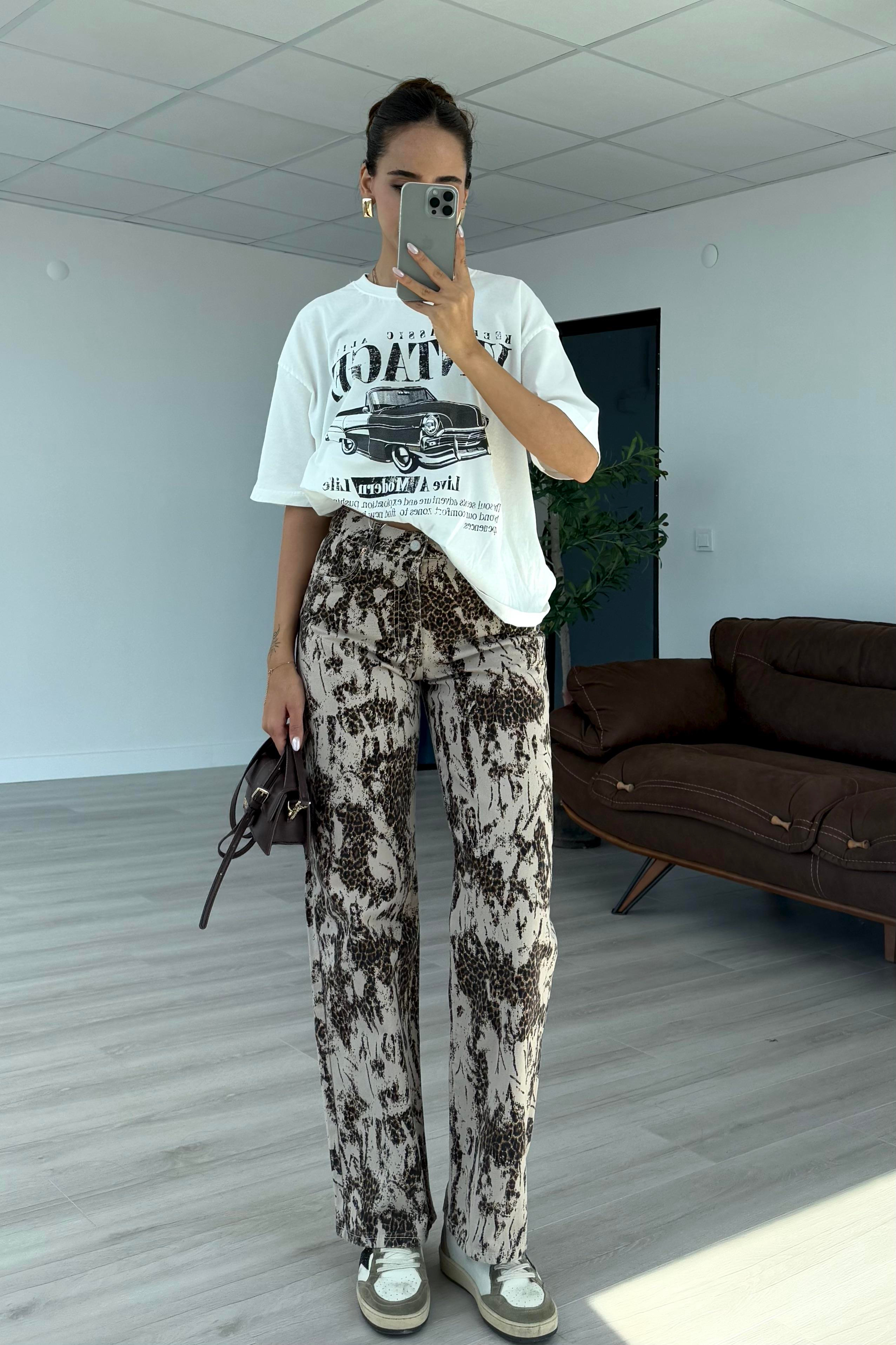 Ekru Leopar Straight Jean - Kadın Jeans Modelleri - Nazliye Moda | Kadın Giyim Modası
