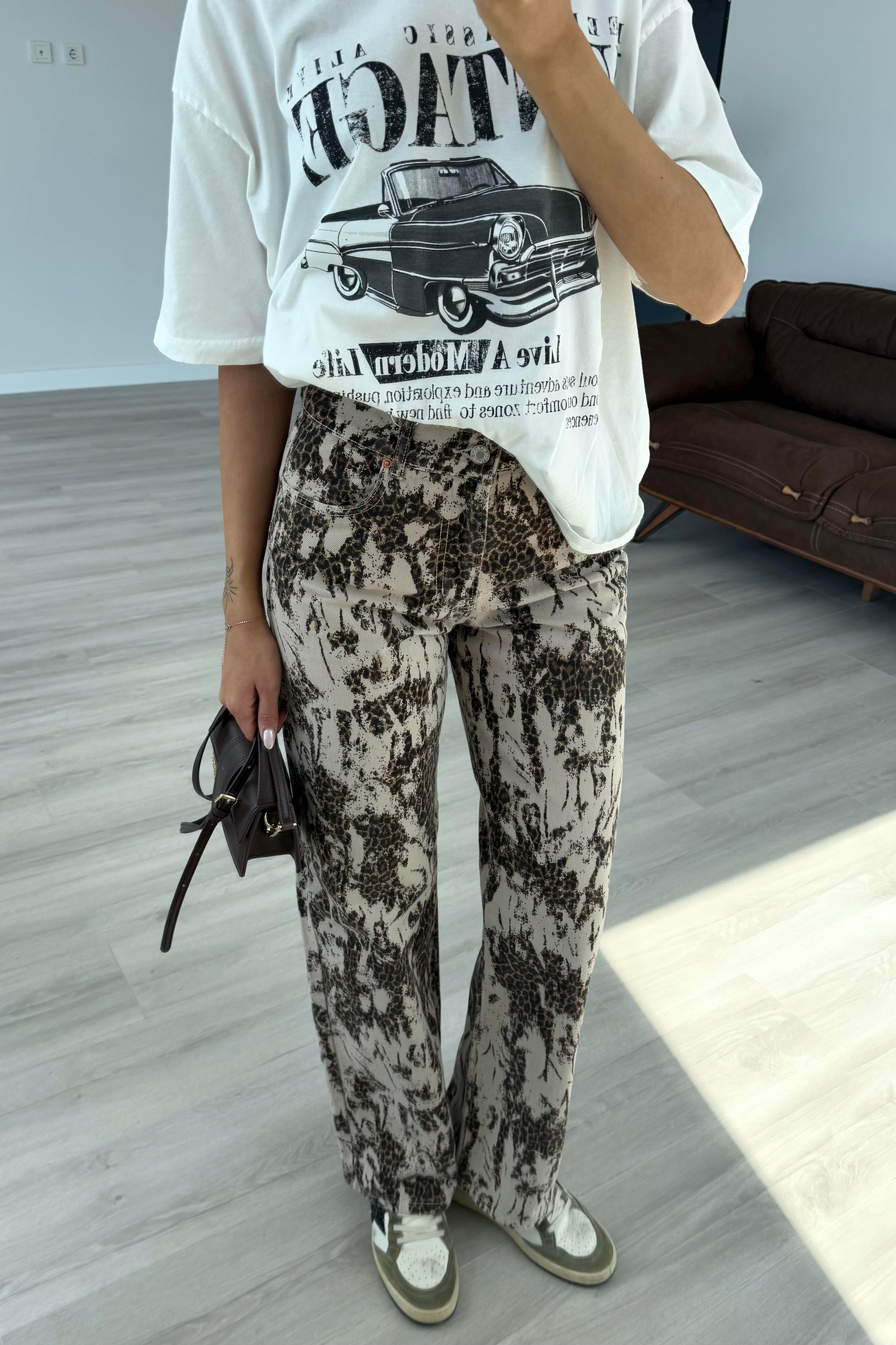 Ekru Leopar Straight Jean - Kadın Jeans Modelleri - Nazliye Moda | Kadın Giyim Modası