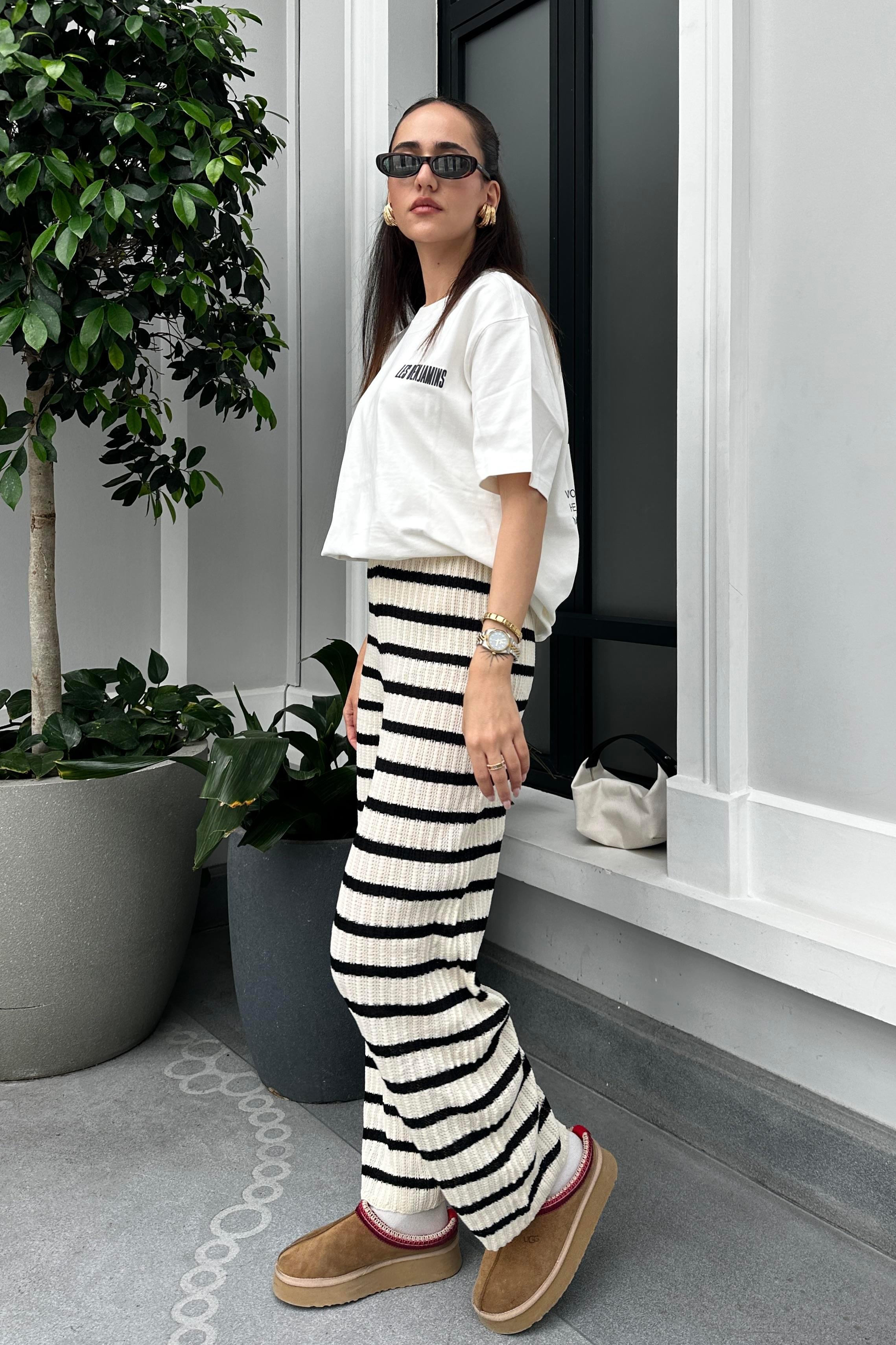 Ekru Siyah Çizgili Triko Pantolon - Kadın Trousers Modelleri - Nazliye Moda - Kadın Giyim Modası