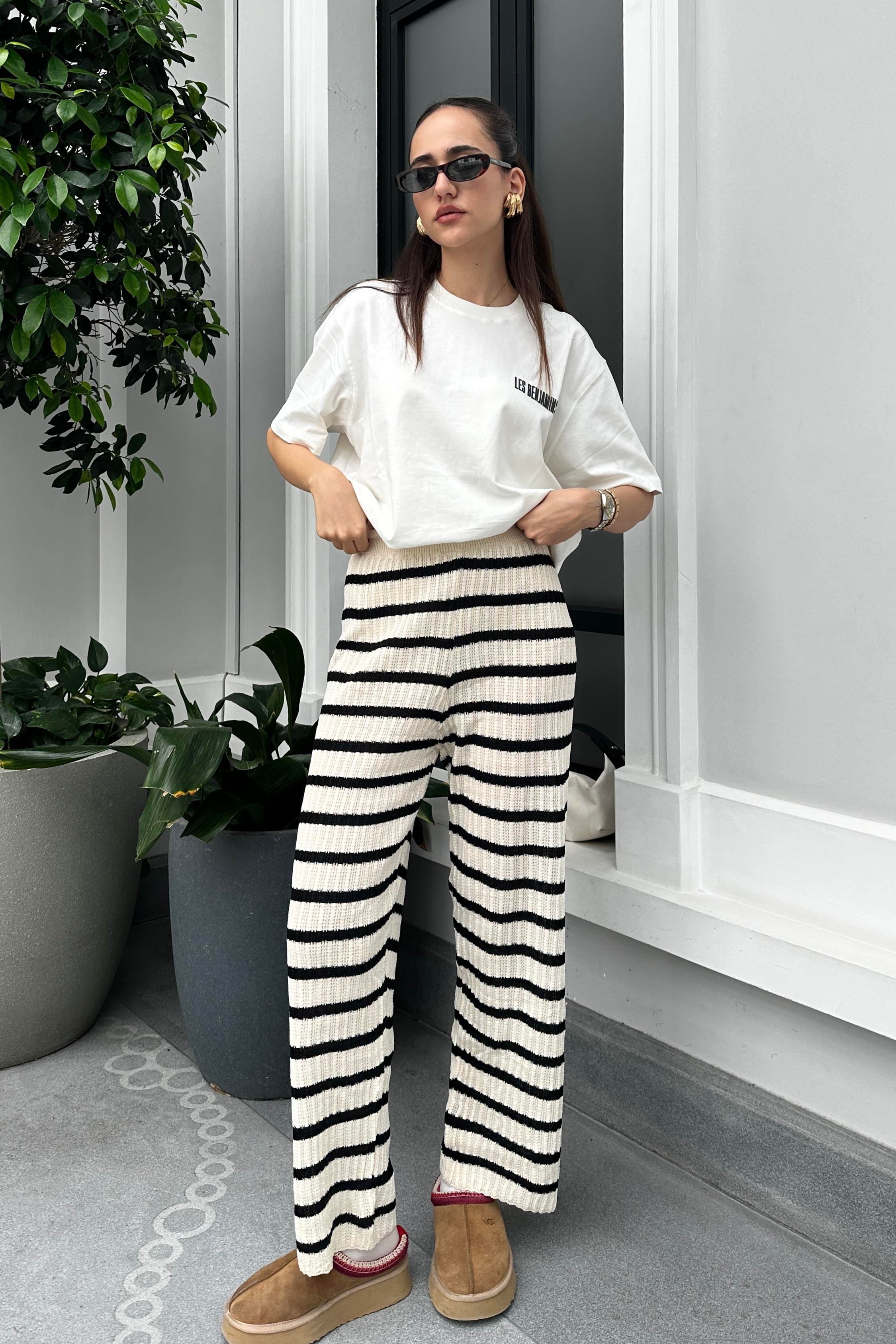 Ekru Siyah Çizgili Triko Pantolon - Kadın Trousers Modelleri - Nazliye Moda - Kadın Giyim Modası