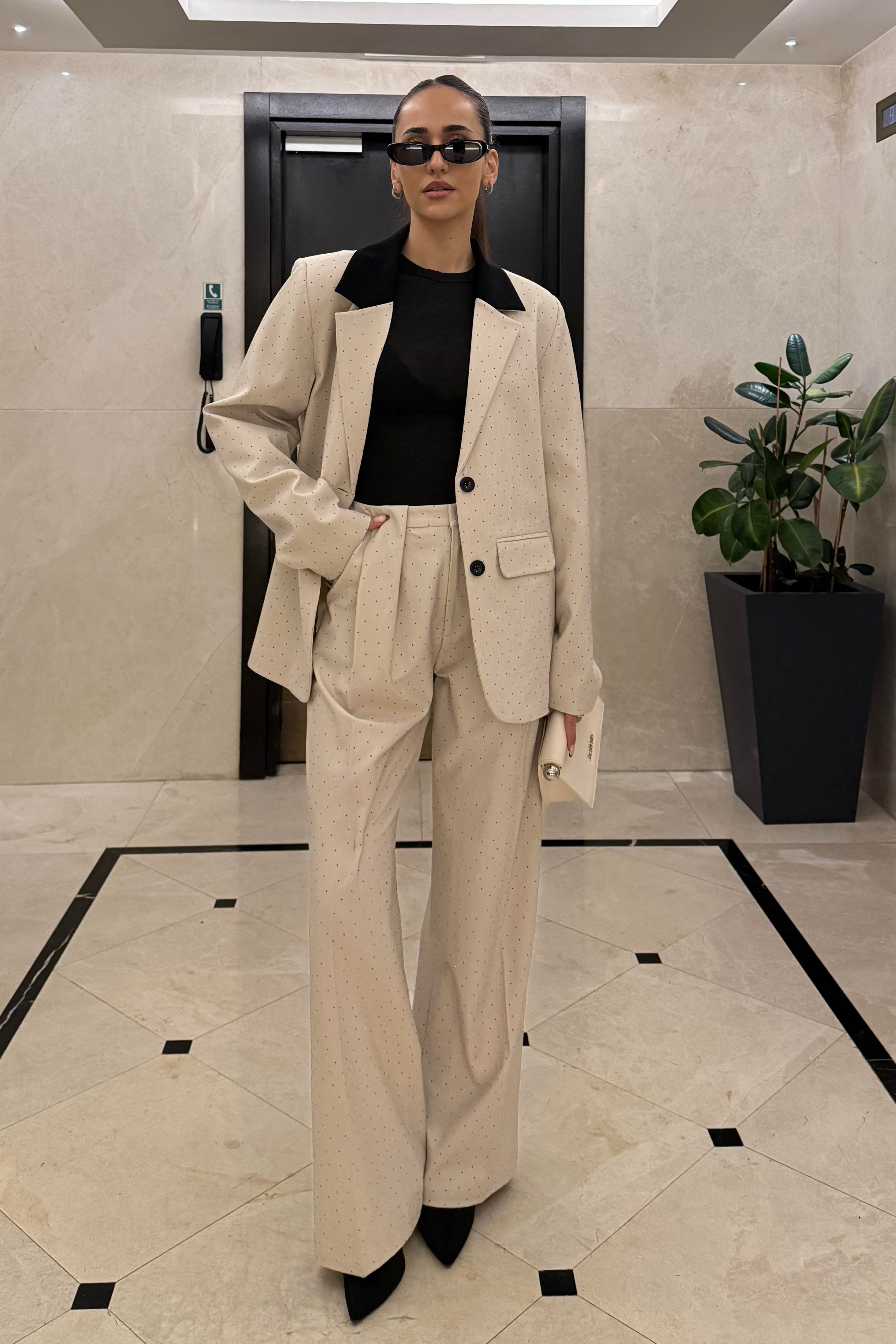 Ekru Taşlı Tasarım Pantolon - Kadın Trousers Modelleri - Nazliye Moda | Kadın Giyim Modası