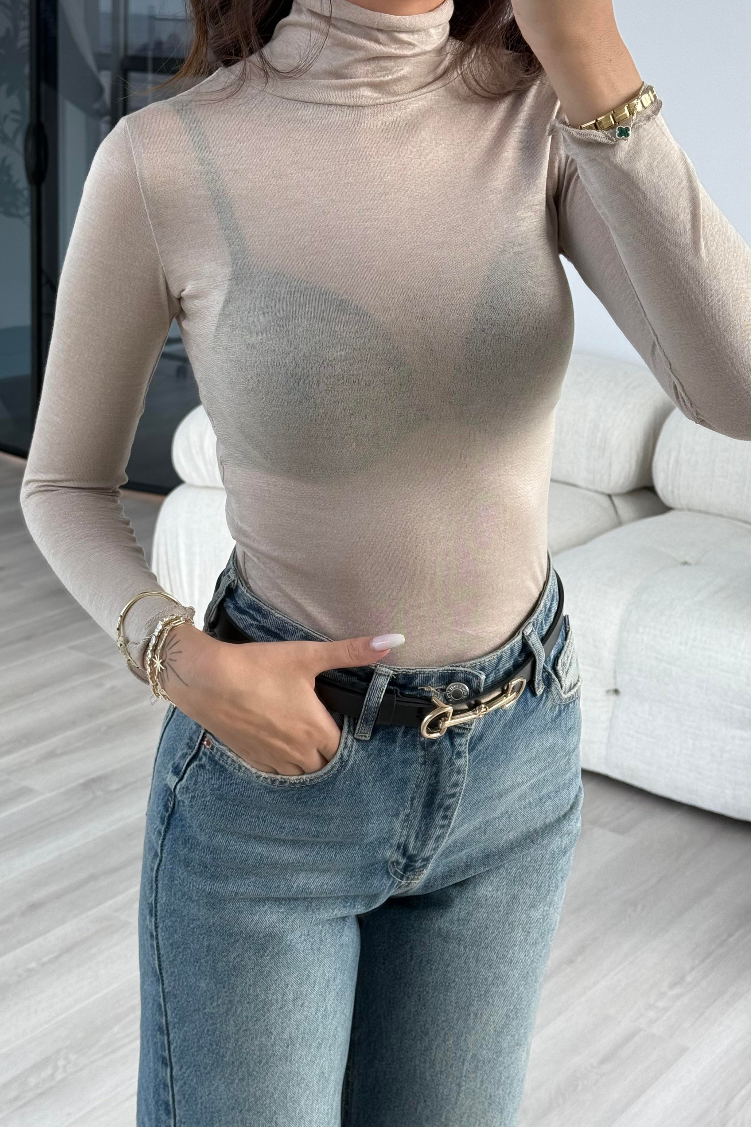 Ekru Yarım Balıkçı Dekolte Basic Bluz - Kadın Blouses Modelleri - Nazliye Moda | Kadın Giyim Modası