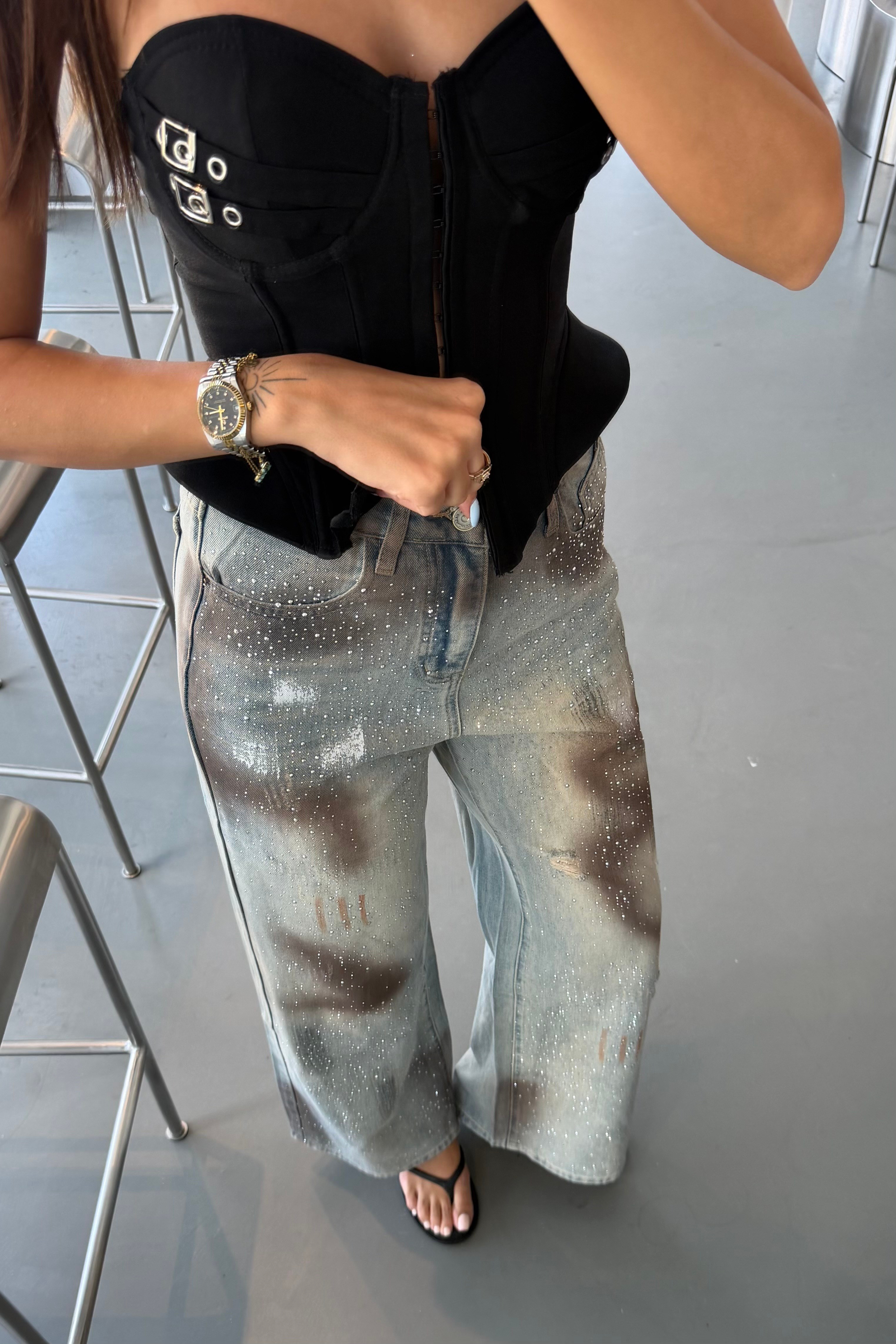 Eskitme Efektli Taşlı Jean - Kadın Jean Modelleri - Nazliye Moda | Kadın Giyim Modası