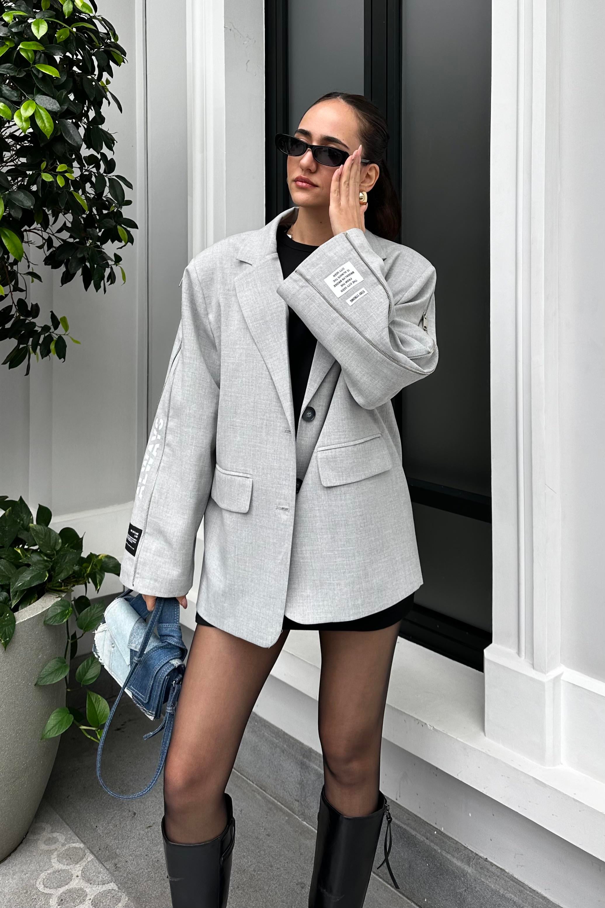Gri Oversize Tasarım Blazer Ceket - Kadın Blazer Ceket Modelleri - Nazliye Moda - Kadın Giyim Modası