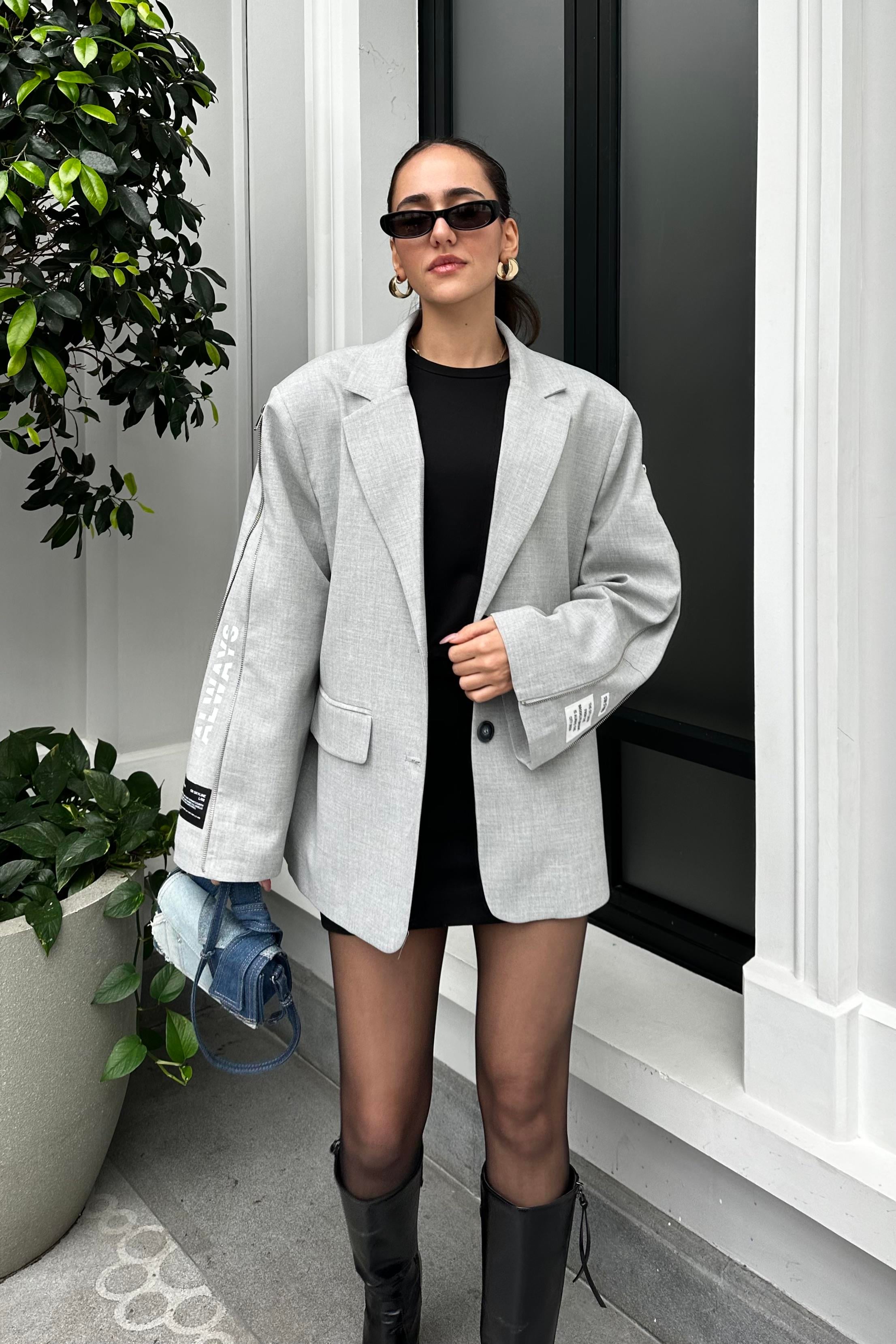 Gri Oversize Tasarım Blazer Ceket - Kadın Blazer Ceket Modelleri - Nazliye Moda - Kadın Giyim Modası