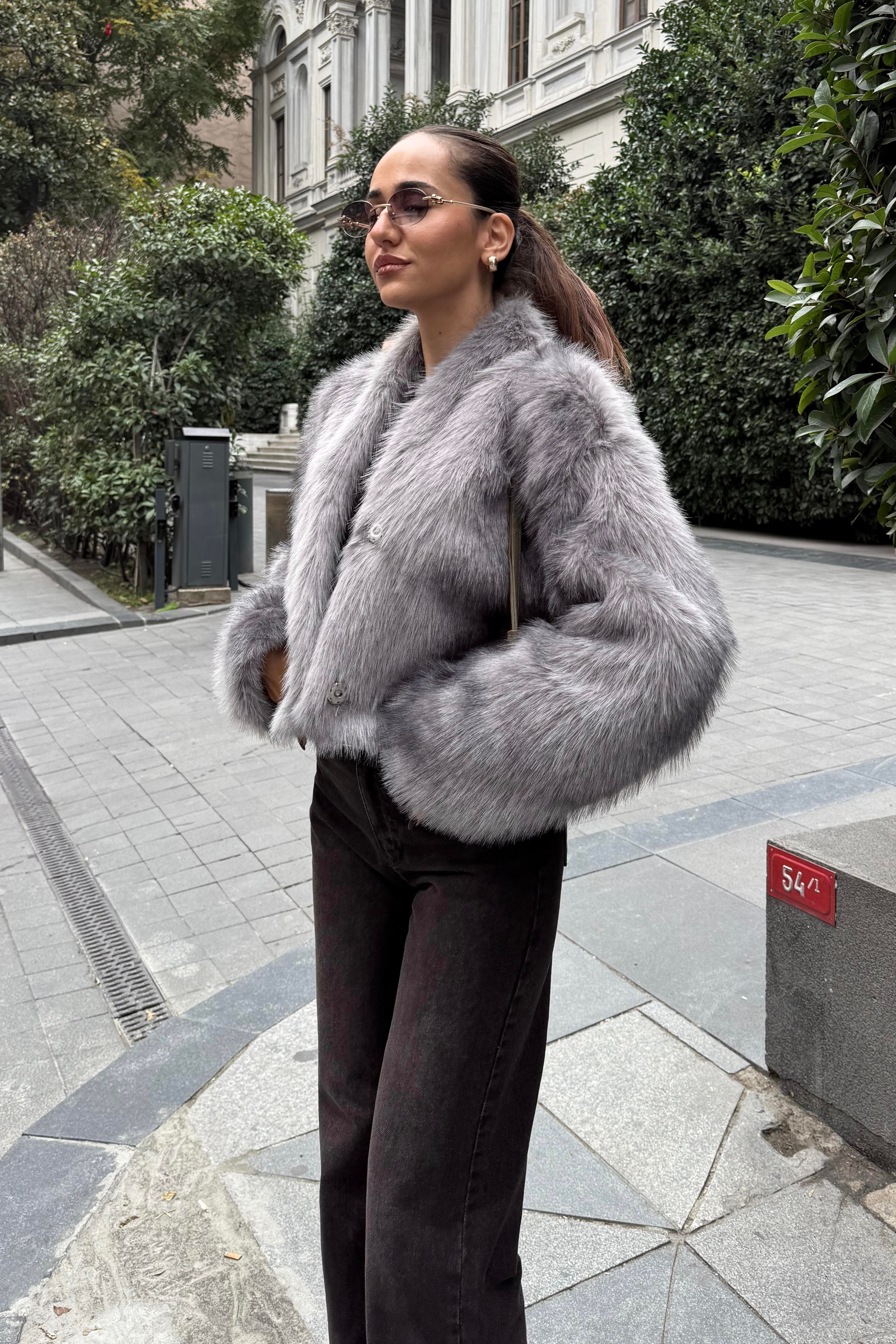 Gri Premium Midi Kürk - Kadın Mont Modelleri - Nazliye Moda | Kadın Giyim Modası
