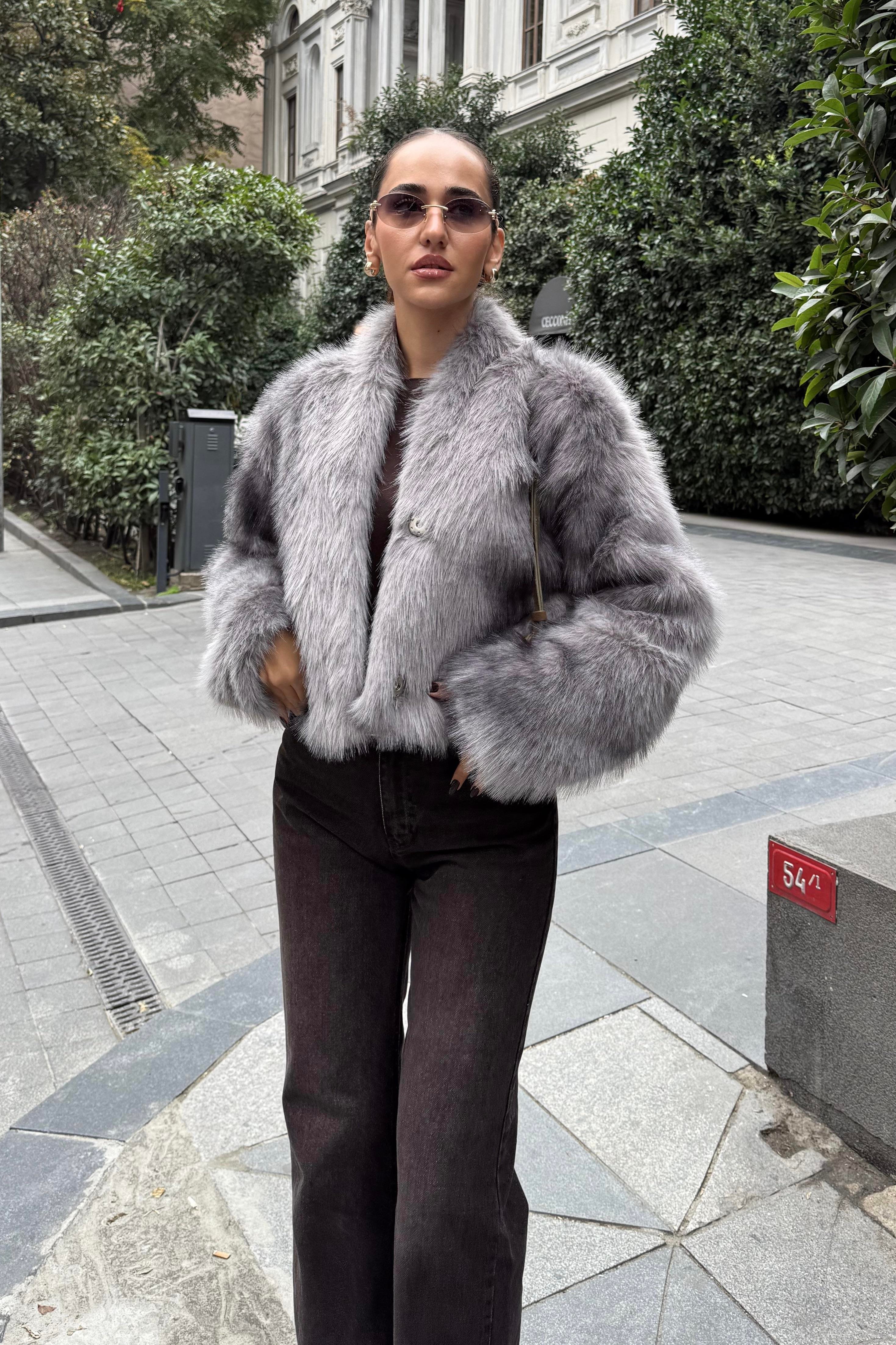 Gri Premium Midi Kürk - Kadın Mont Modelleri - Nazliye Moda | Kadın Giyim Modası