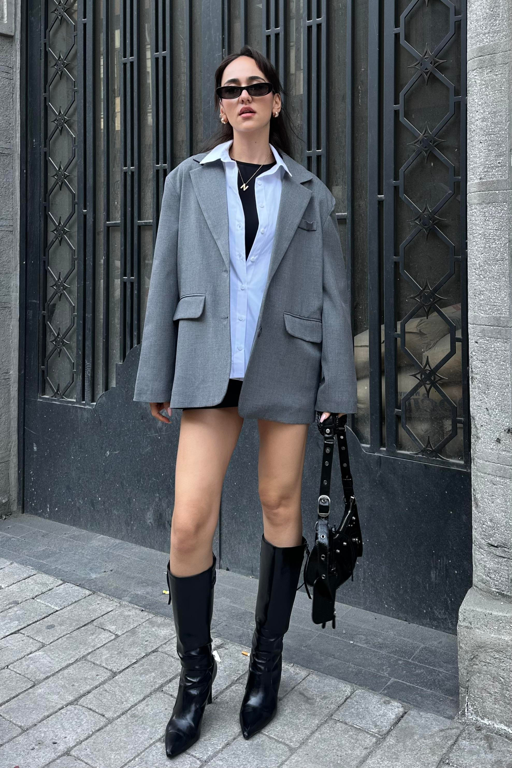 Gri Sırt Baskılı Blazer Ceket - Kadın Blazer Jackets Modelleri - Nazliye Moda - Kadın Giyim Modası