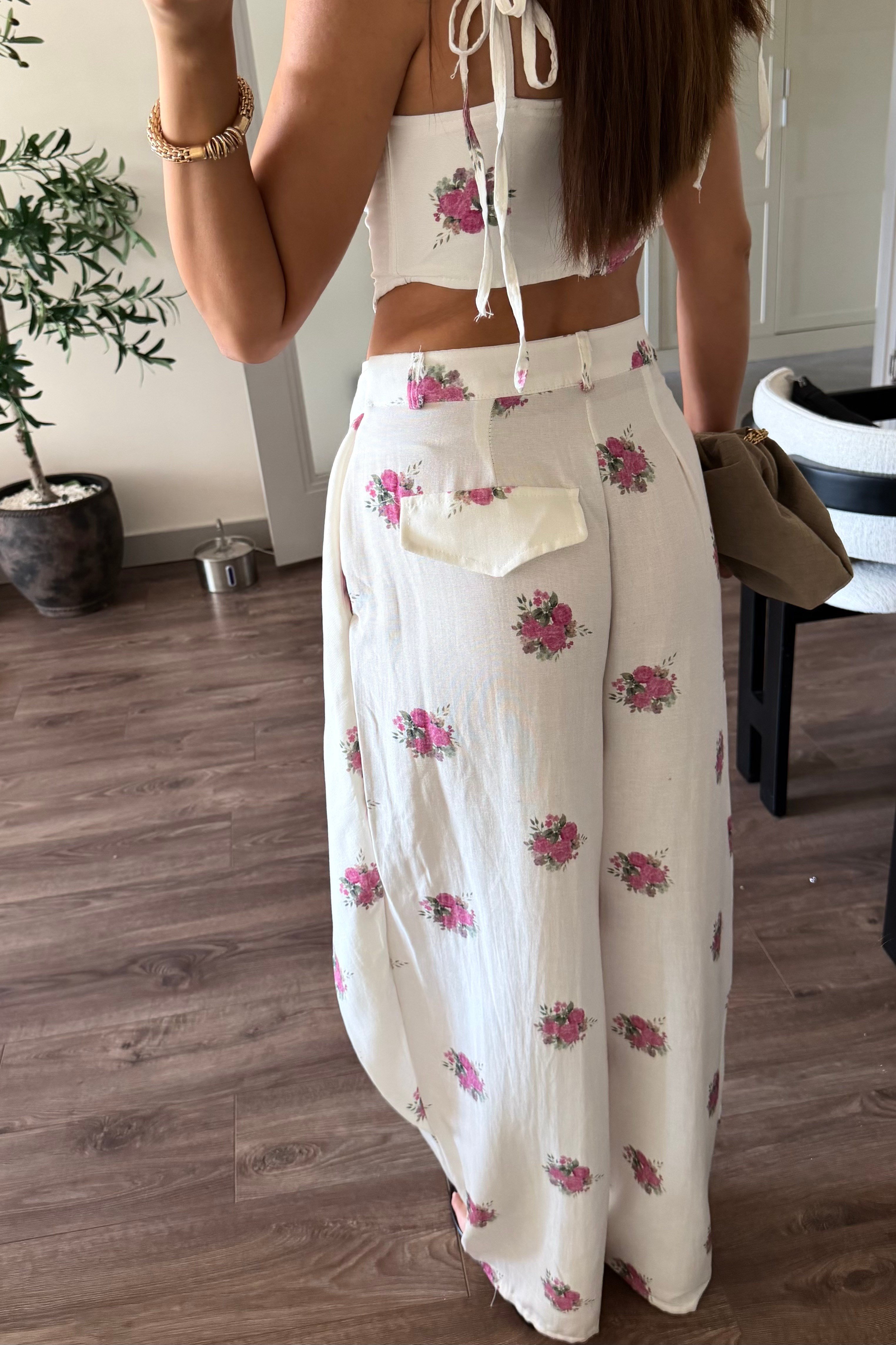 Gül Baskı Büzgülü Pantalon Bluz Takım - Kadın Outfit Sets Modelleri - Nazliye Moda | Kadın Giyim Modası