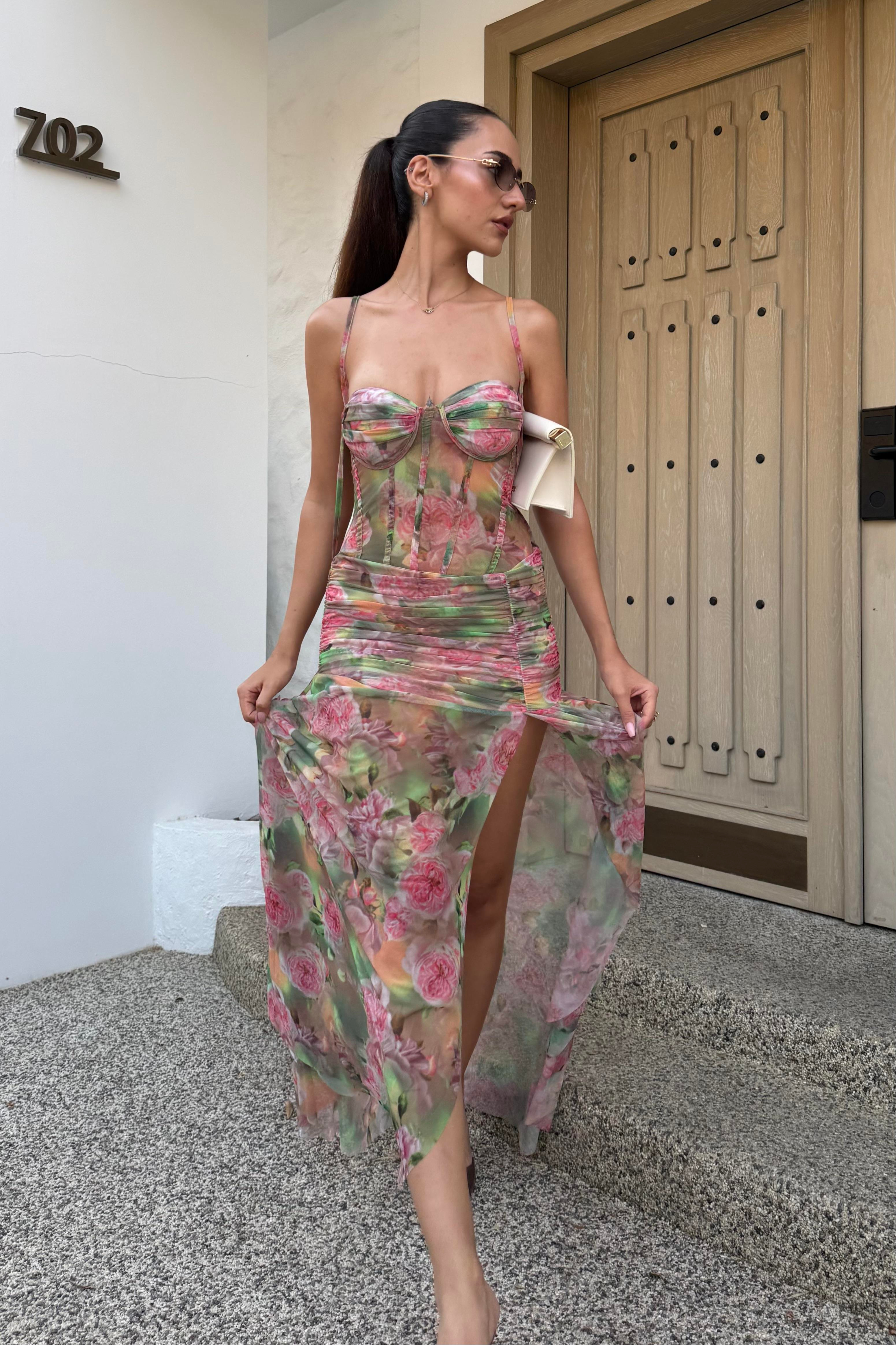 Gül Baskı Yırtmaçlı Uzun Elbise - Kadın Elbise Modelleri - Nazliye Moda | Kadın Giyim Modası