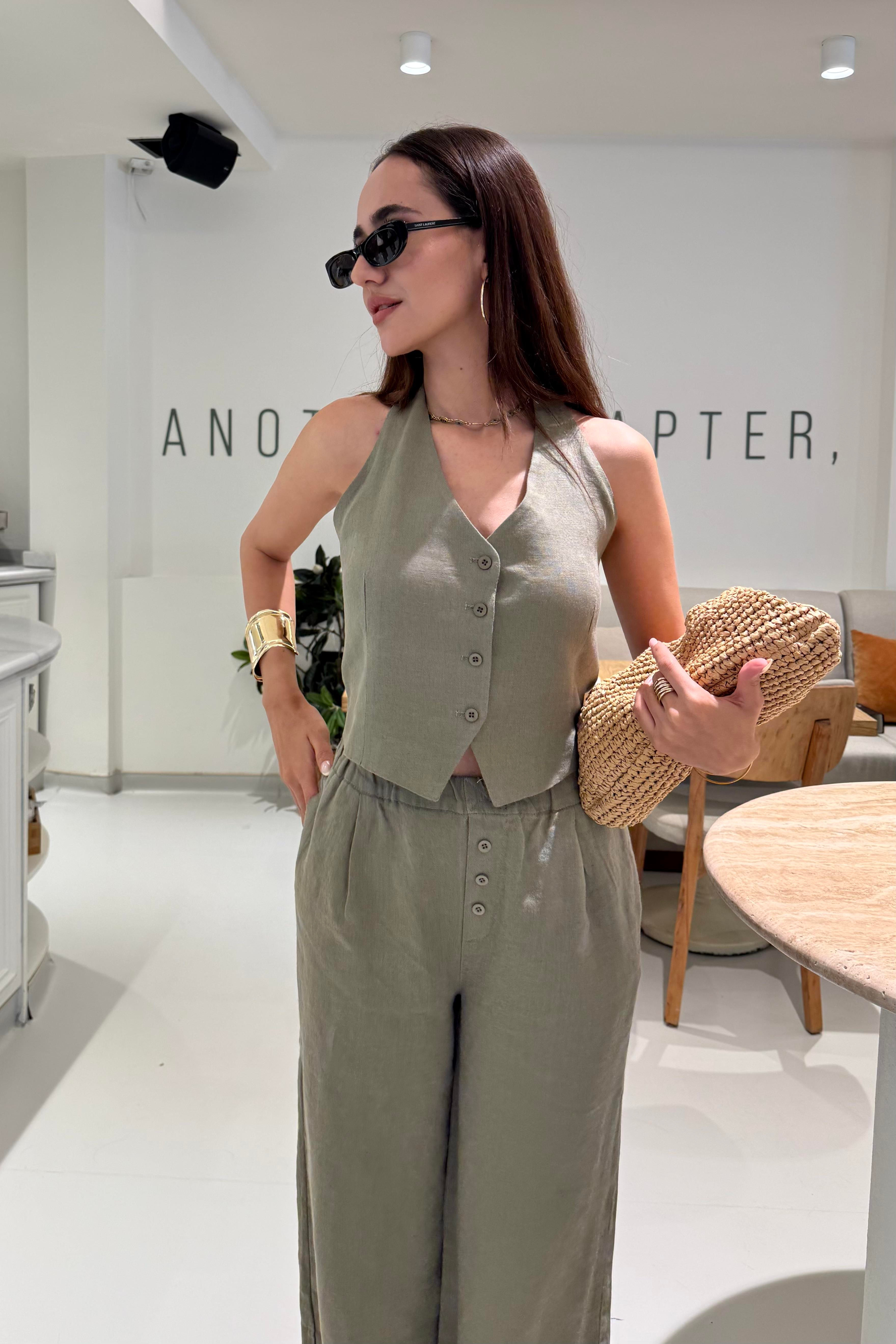 Haki Bağlama Detay Premium Keten Takım - Kadın Takım Modelleri - Nazliye Moda | Kadın Giyim Modası