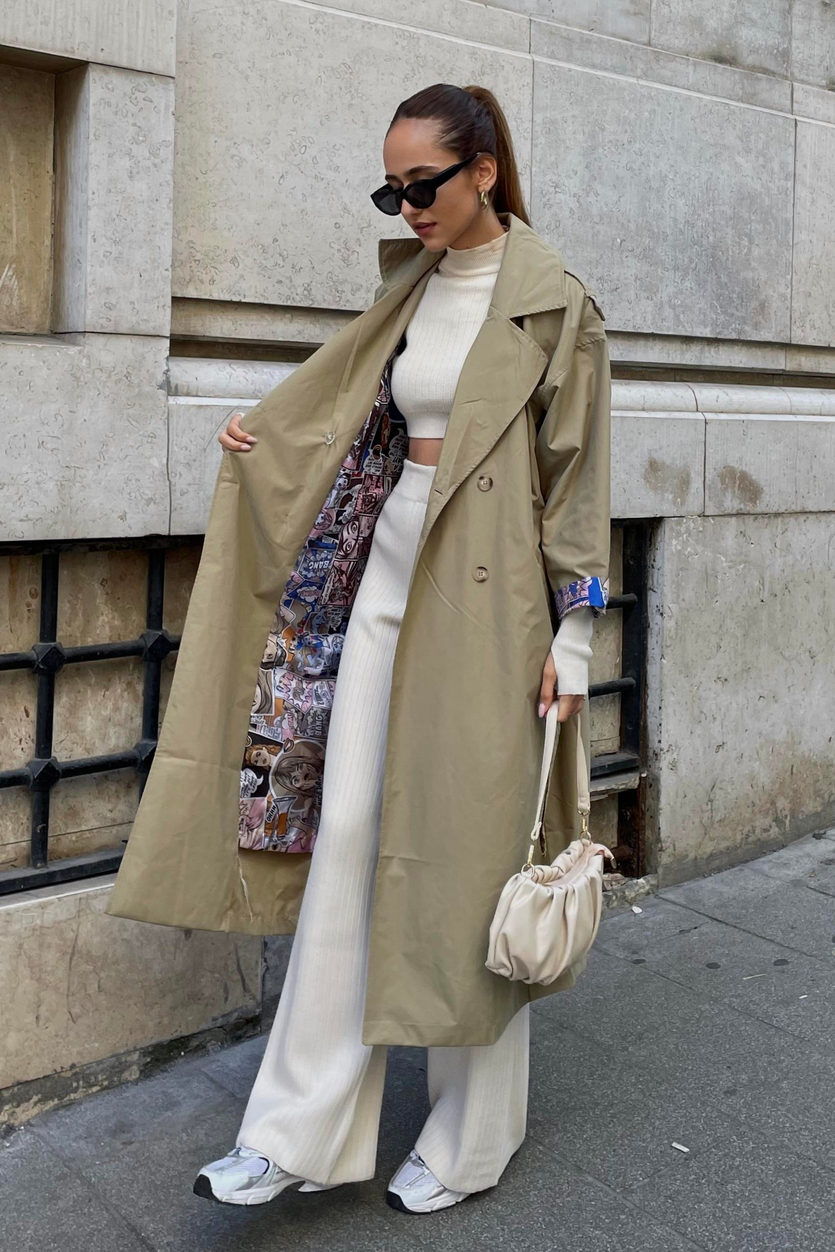 Haki Baskılı Astarlı Trençkot - Kadın Trençkot Modelleri - Nazliye Moda | Kadın Giyim Modası