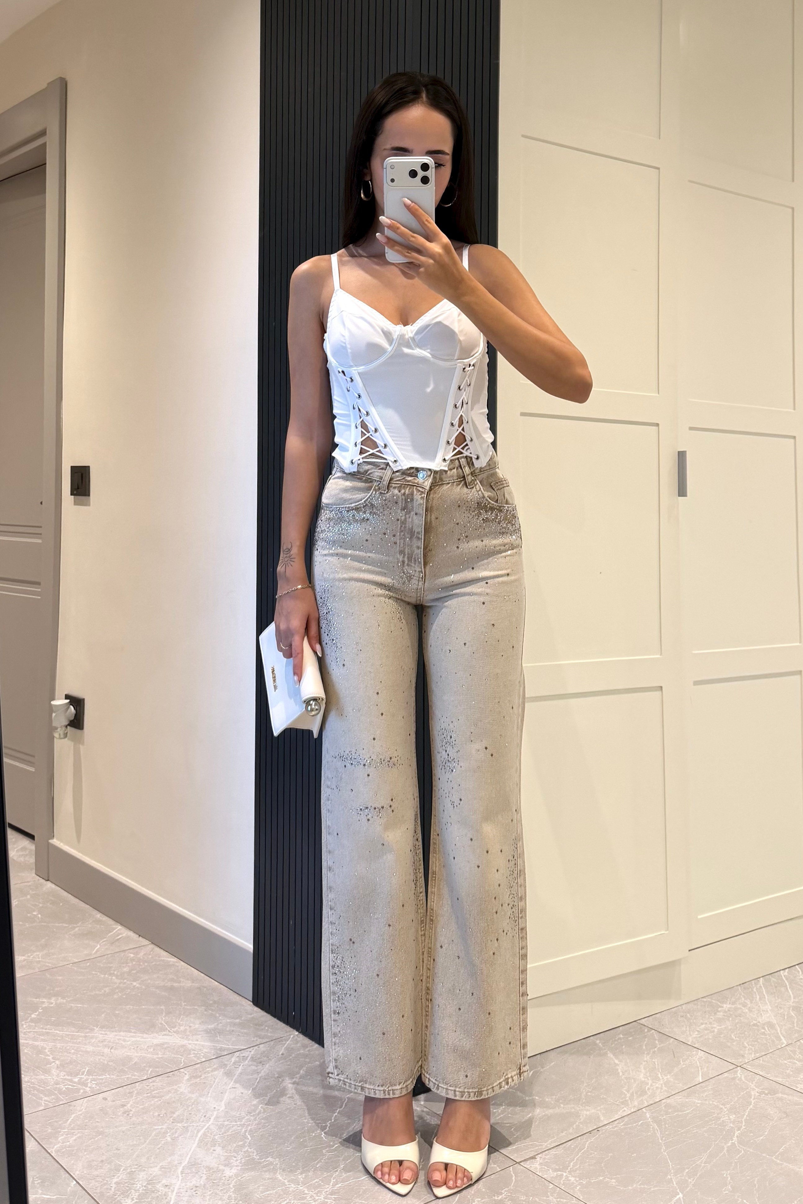 Haki Dağınık Taşlı Tasarım Jean - Kadın Jean Modelleri - Nazliye Moda | Kadın Giyim Modası