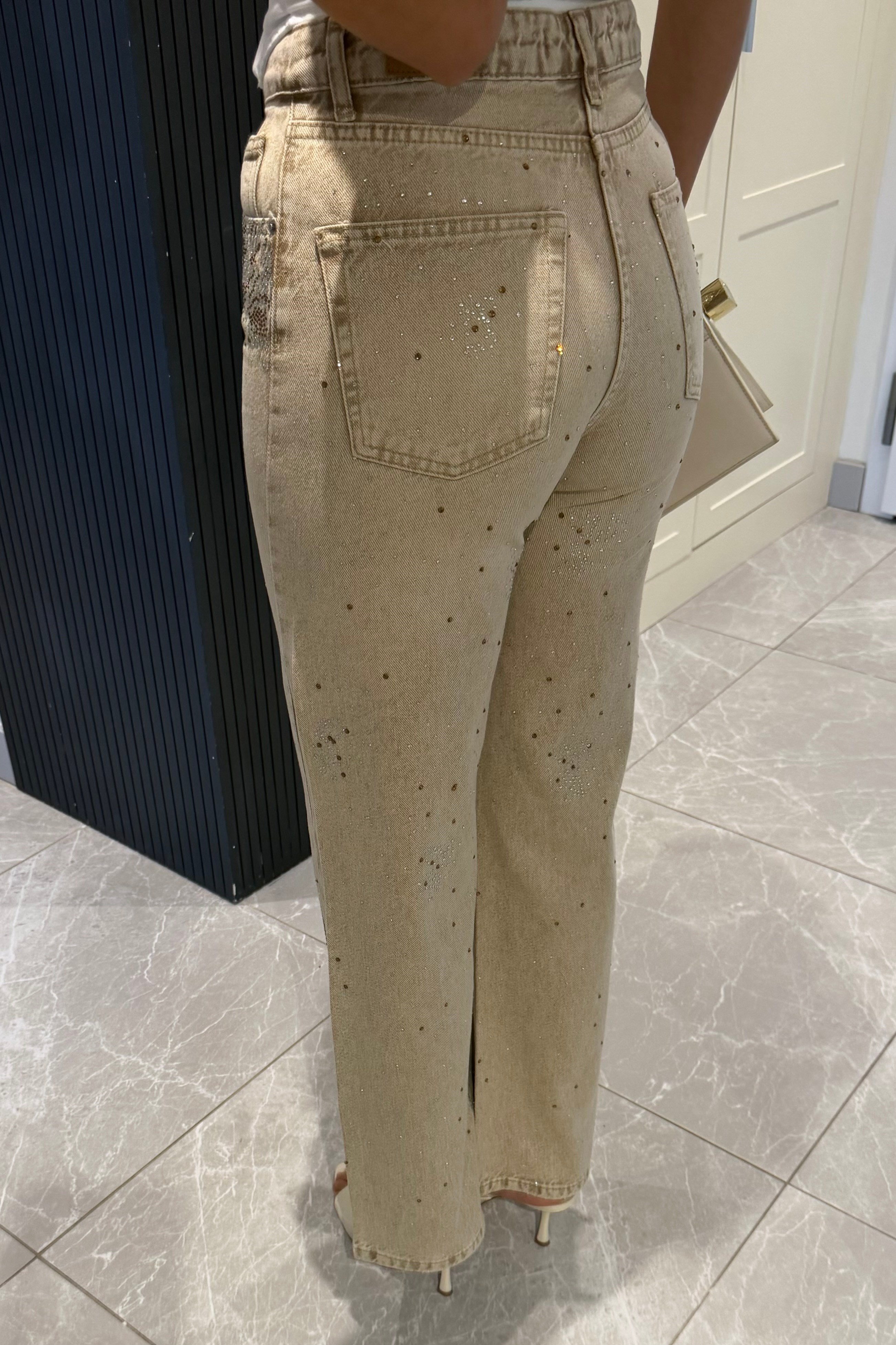 Haki Dağınık Taşlı Tasarım Jean - Kadın Jean Modelleri - Nazliye Moda | Kadın Giyim Modası