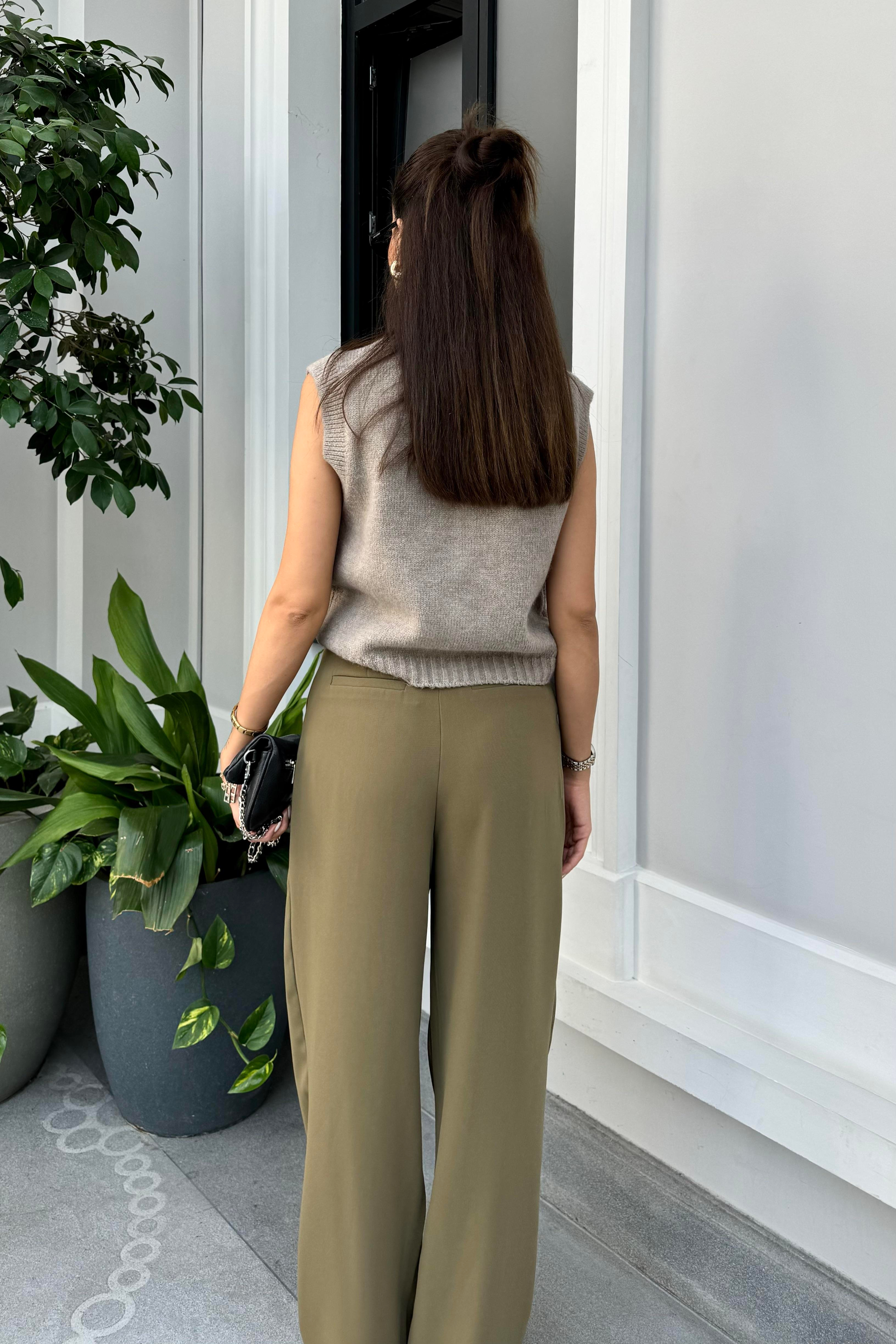 Haki Dökümlü Palazzo Pantolon - Kadın Trousers Modelleri - Nazliye Moda | Kadın Giyim Modası