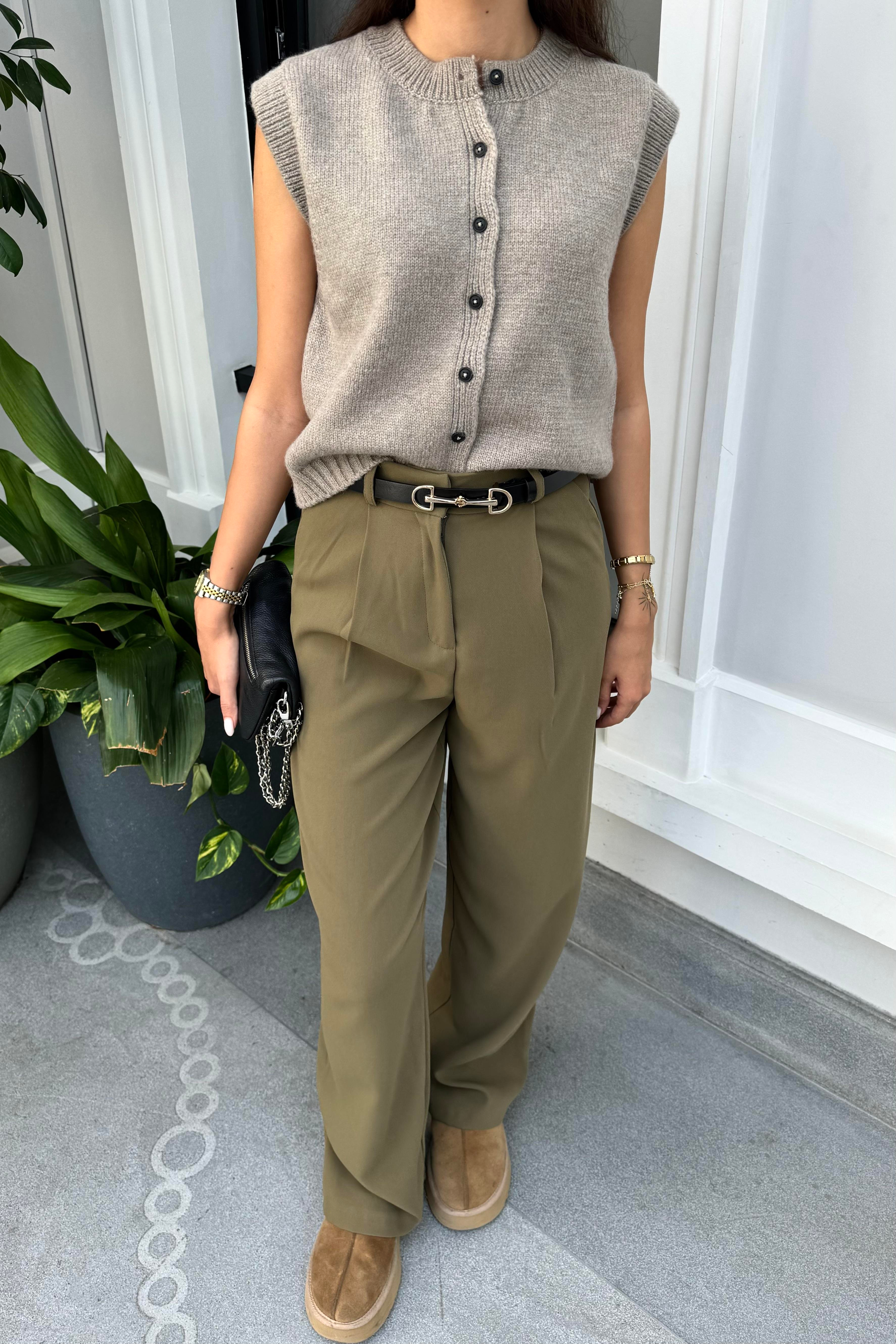 Haki Dökümlü Palazzo Pantolon - Kadın Trousers Modelleri - Nazliye Moda | Kadın Giyim Modası