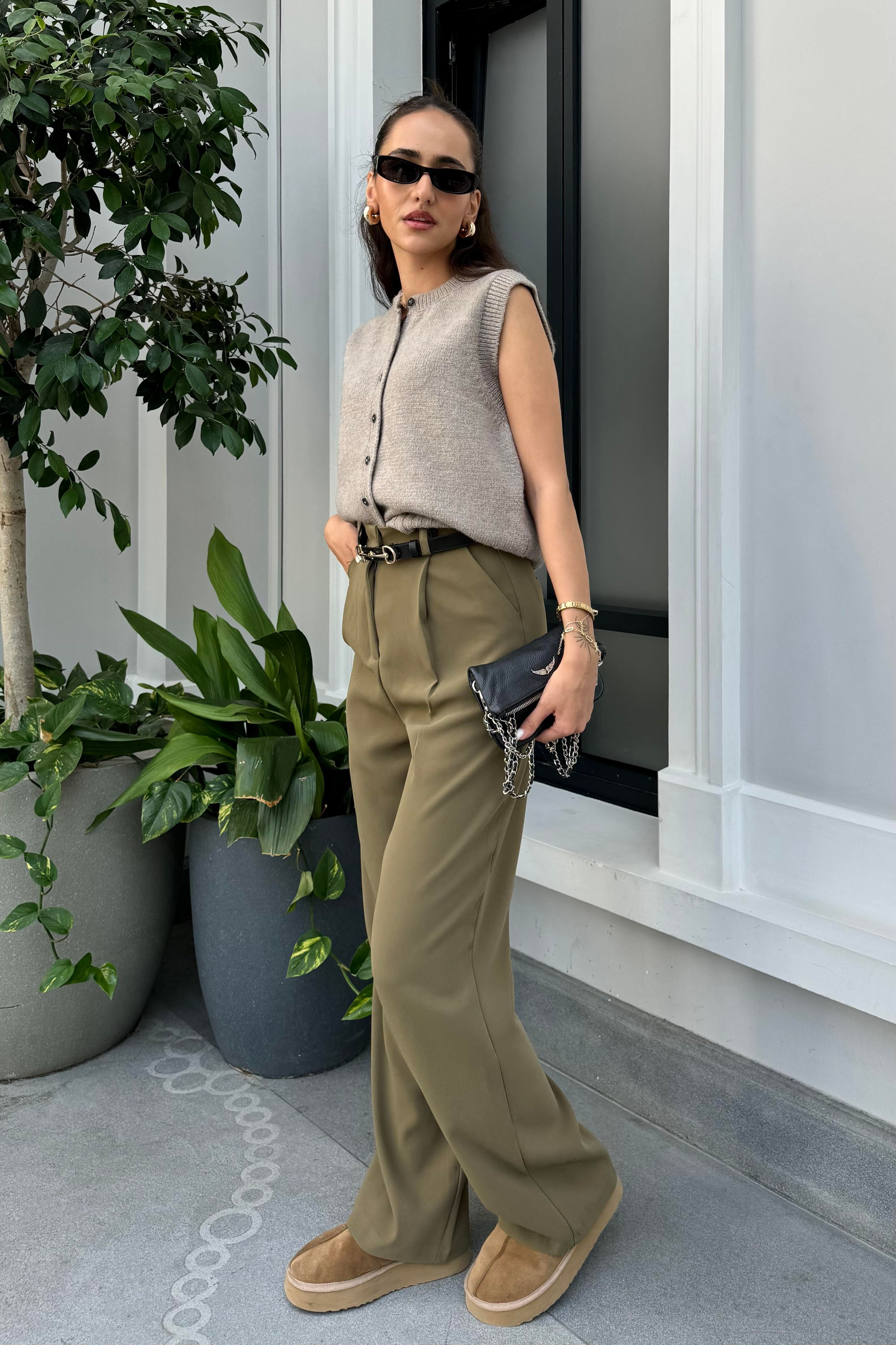 Haki Dökümlü Palazzo Pantolon - Kadın Trousers Modelleri - Nazliye Moda | Kadın Giyim Modası
