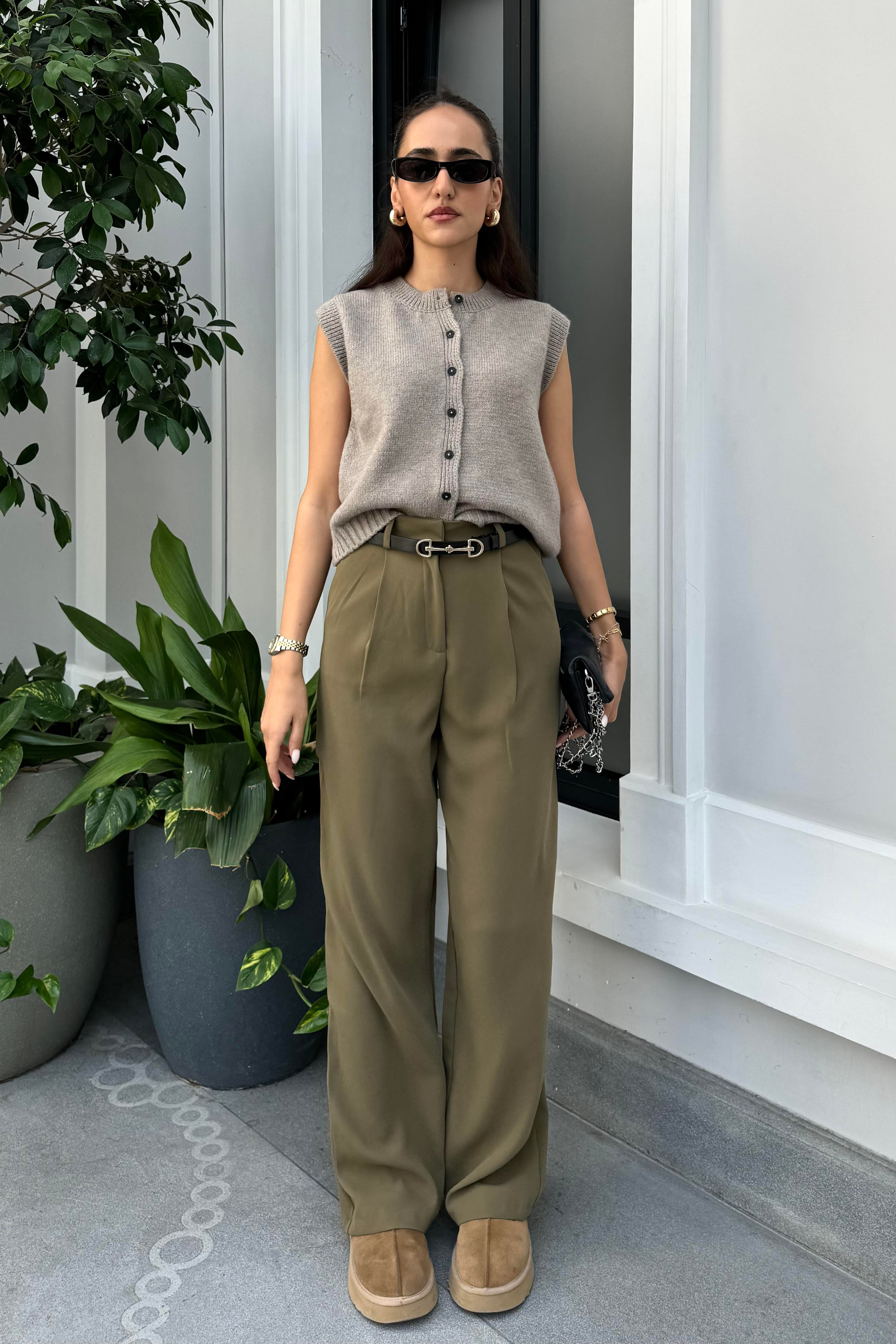 Haki Dökümlü Palazzo Pantolon - Kadın Trousers Modelleri - Nazliye Moda | Kadın Giyim Modası