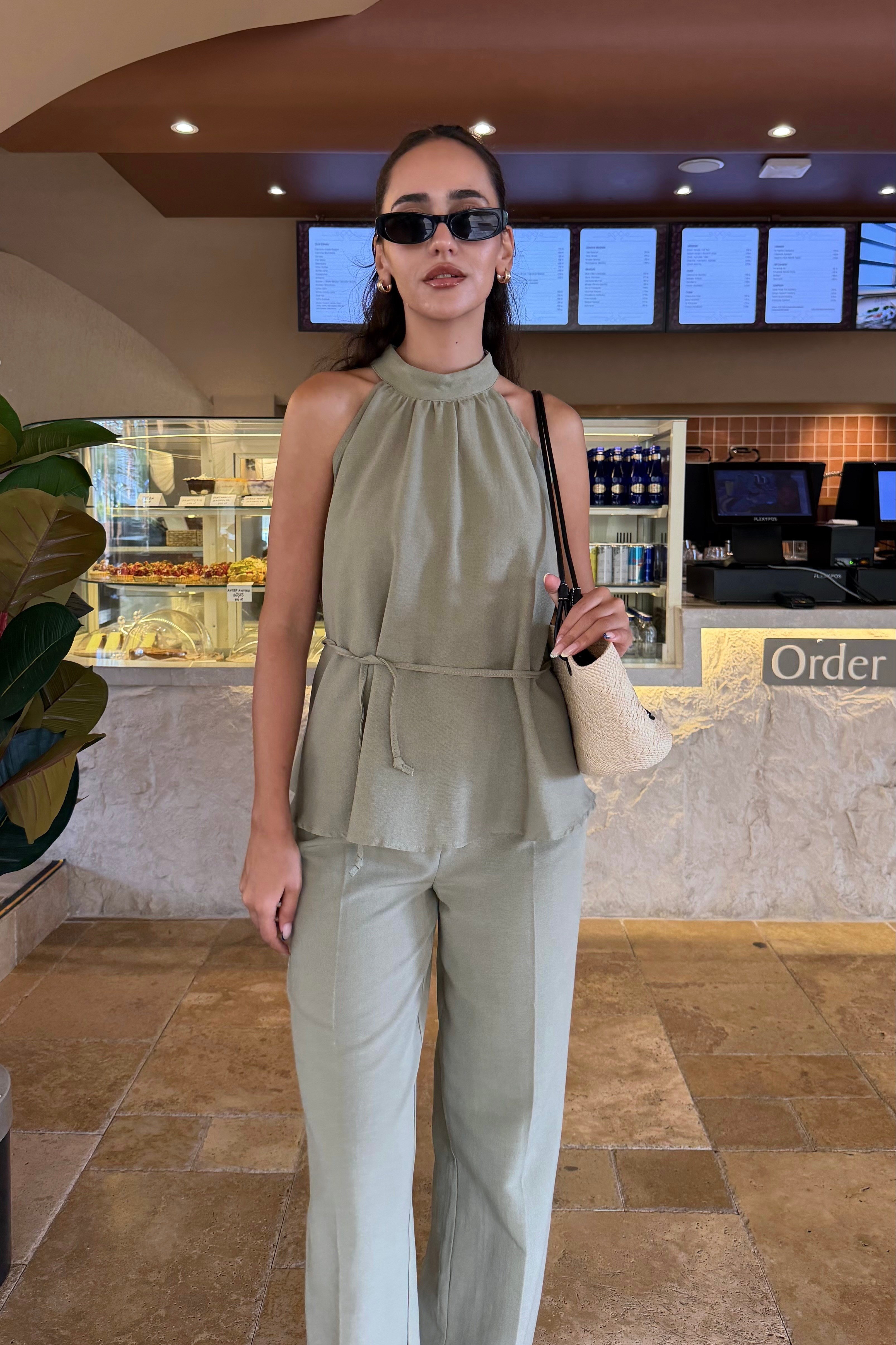 Haki Halter Bluz Keten Takım - Kadın Takım Modelleri - Nazliye Moda | Kadın Giyim Modası