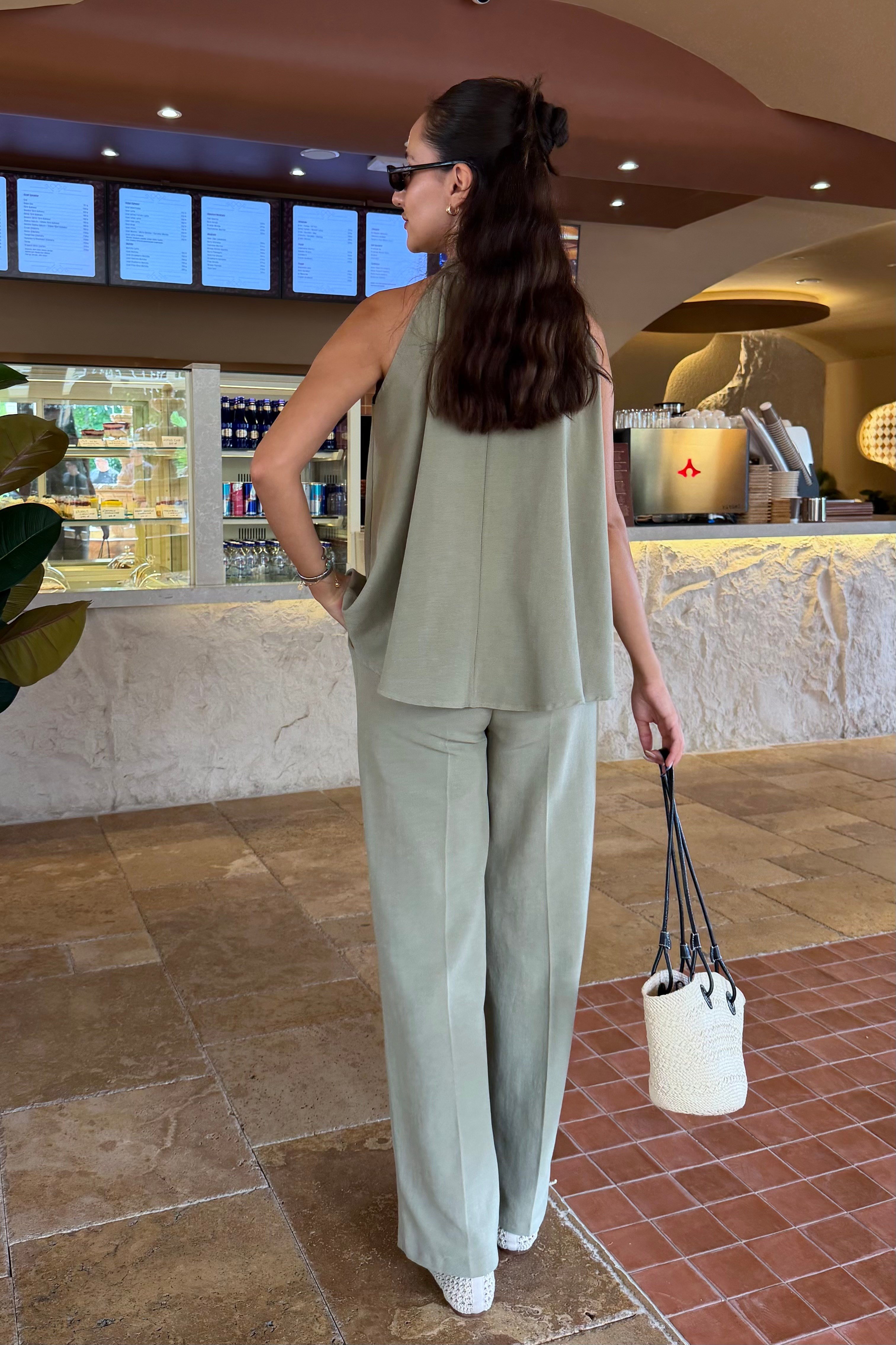 Haki Halter Bluz Keten Takım - Kadın Takım Modelleri - Nazliye Moda | Kadın Giyim Modası