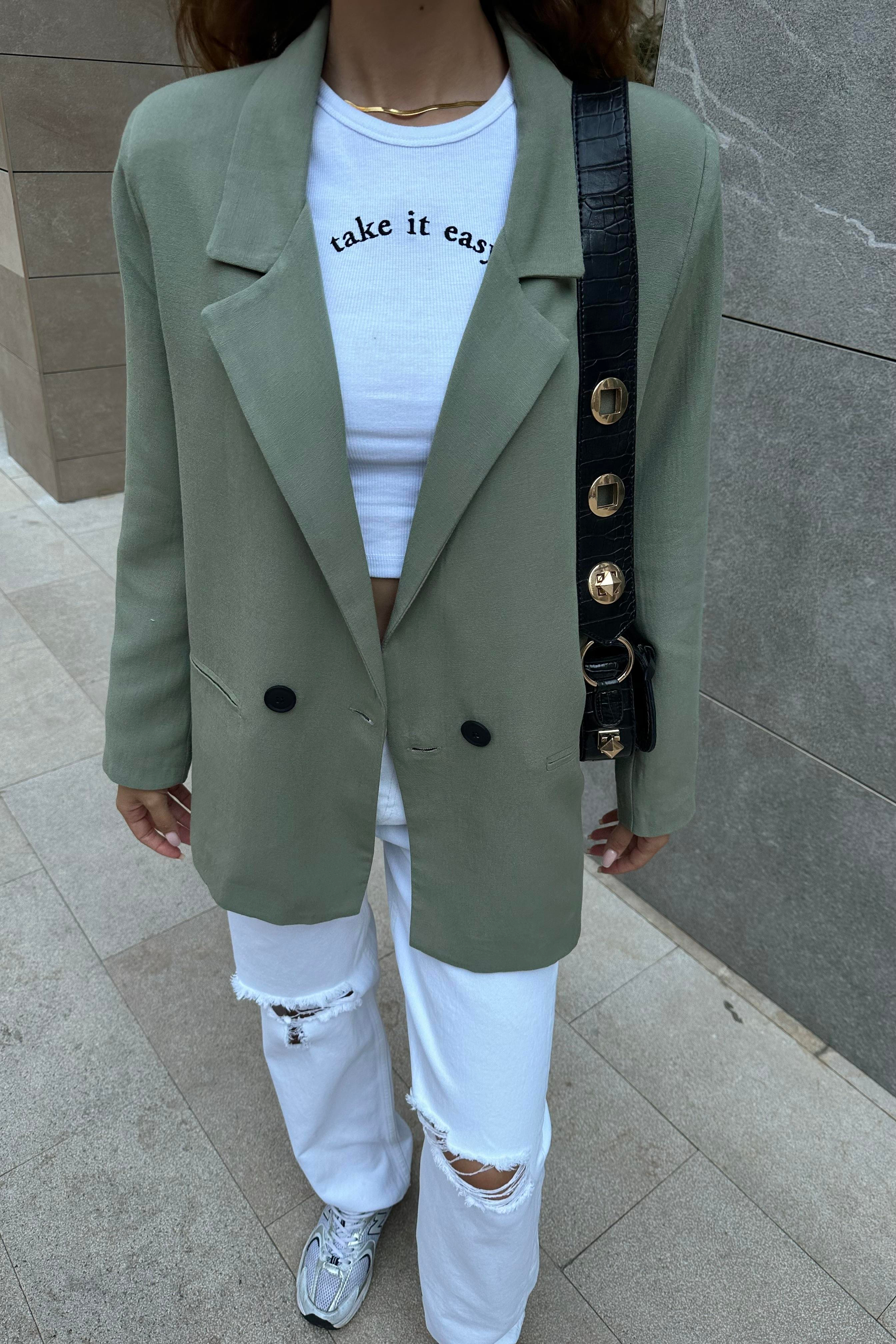 Haki Keten Blazer Ceket - Kadın Blazer Ceket Modelleri - Nazliye Moda | Kadın Giyim Modası