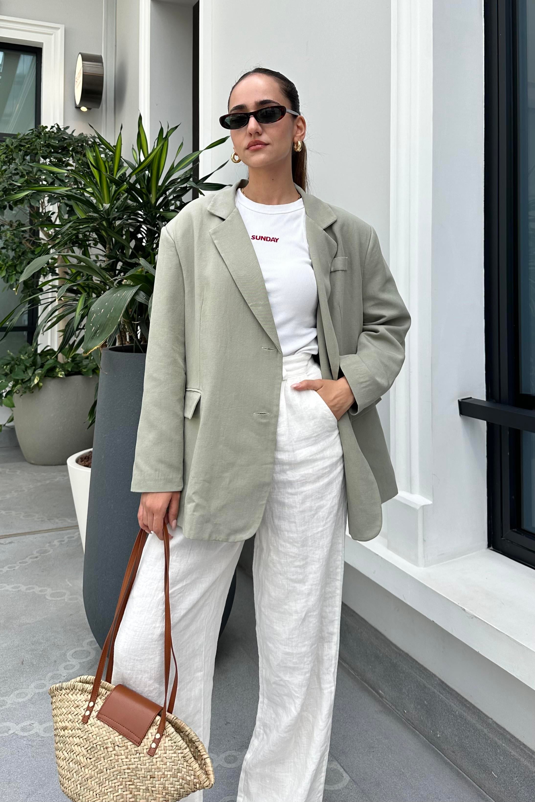 Haki Keten Oversize Blazer Ceket - Kadın Blazer Jackets Modelleri - Nazliye Moda - Kadın Giyim Modası