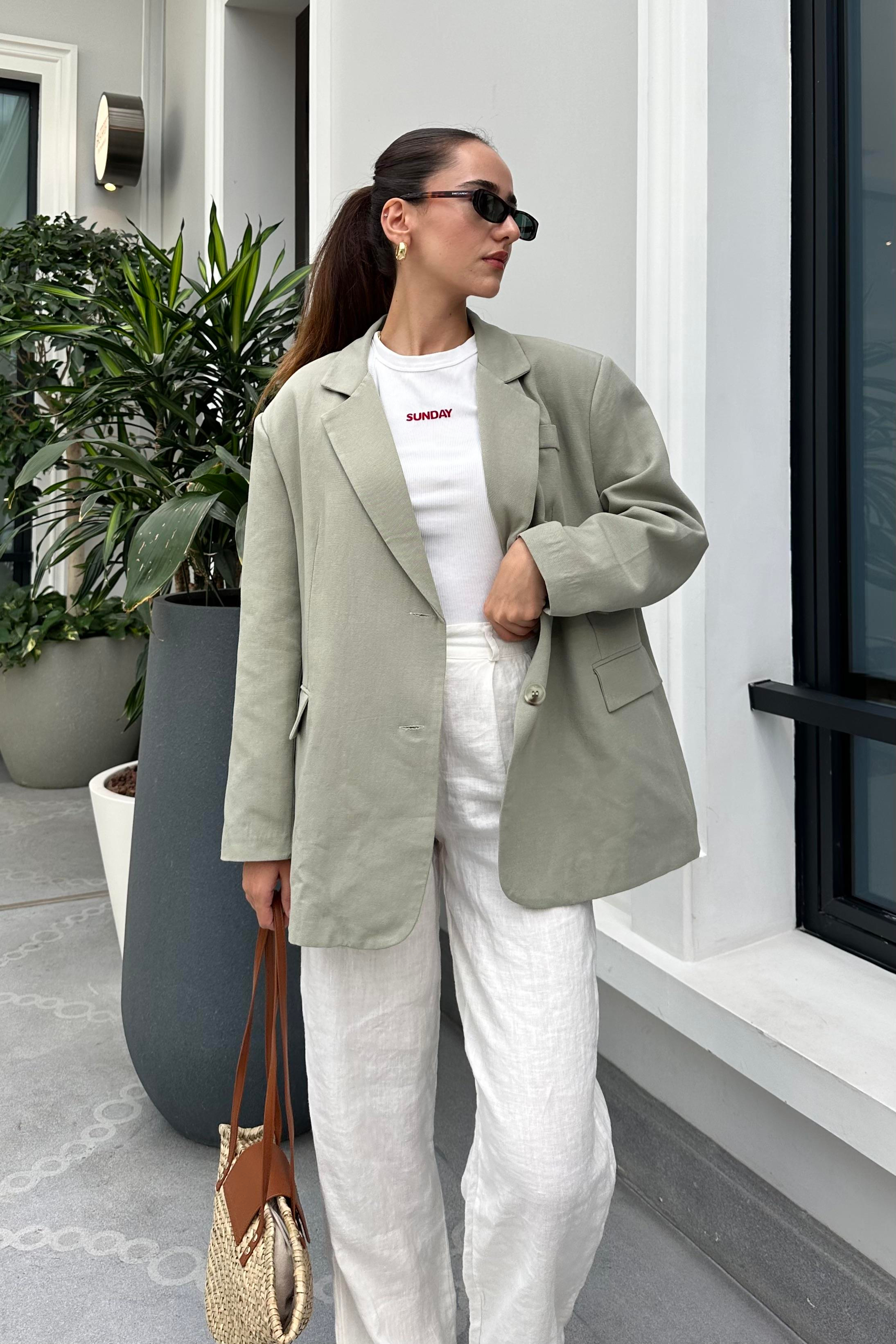 Haki Keten Oversize Blazer Ceket - Kadın Blazer Jackets Modelleri - Nazliye Moda - Kadın Giyim Modası