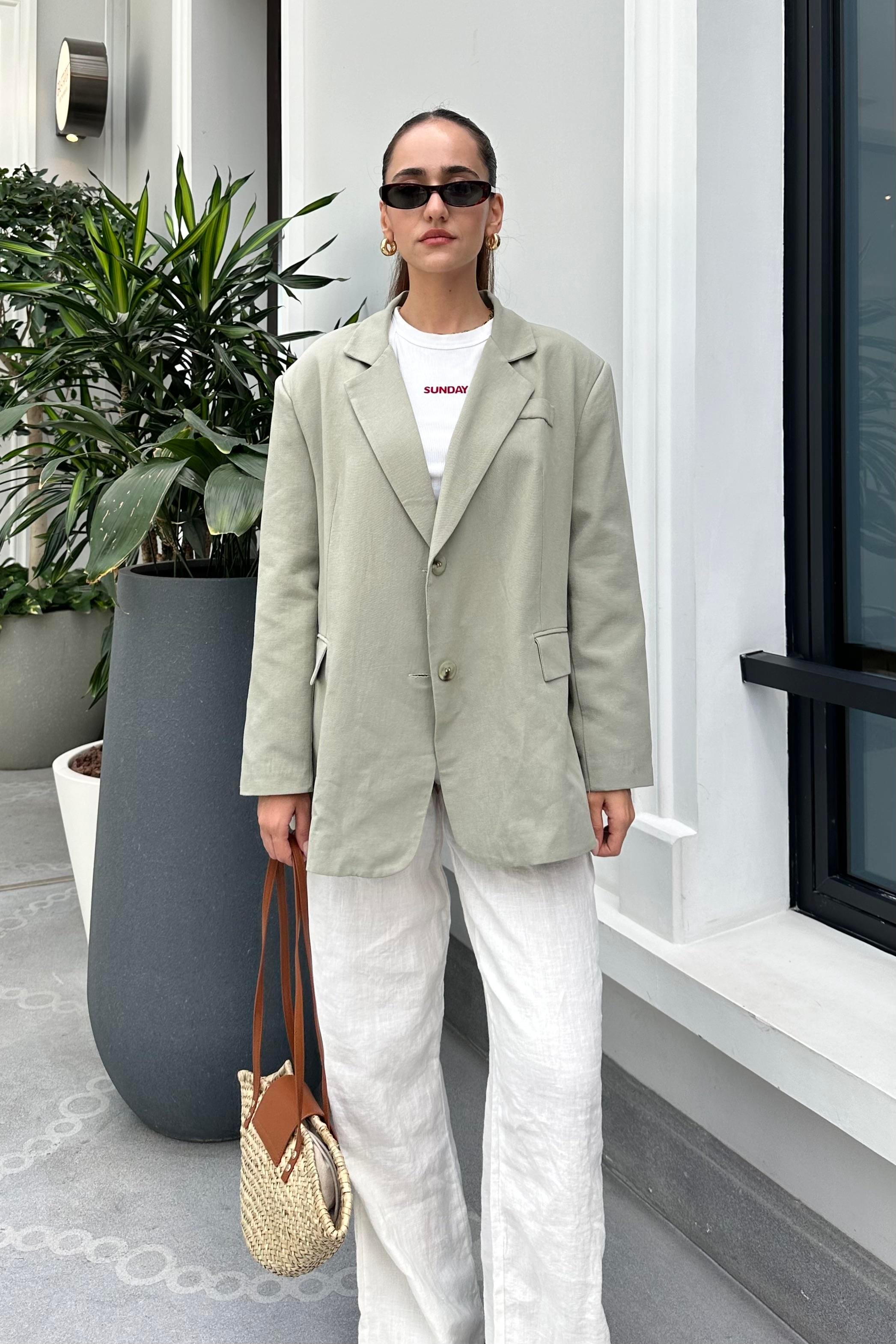 Haki Keten Oversize Blazer Ceket - Kadın Blazer Jackets Modelleri - Nazliye Moda - Kadın Giyim Modası