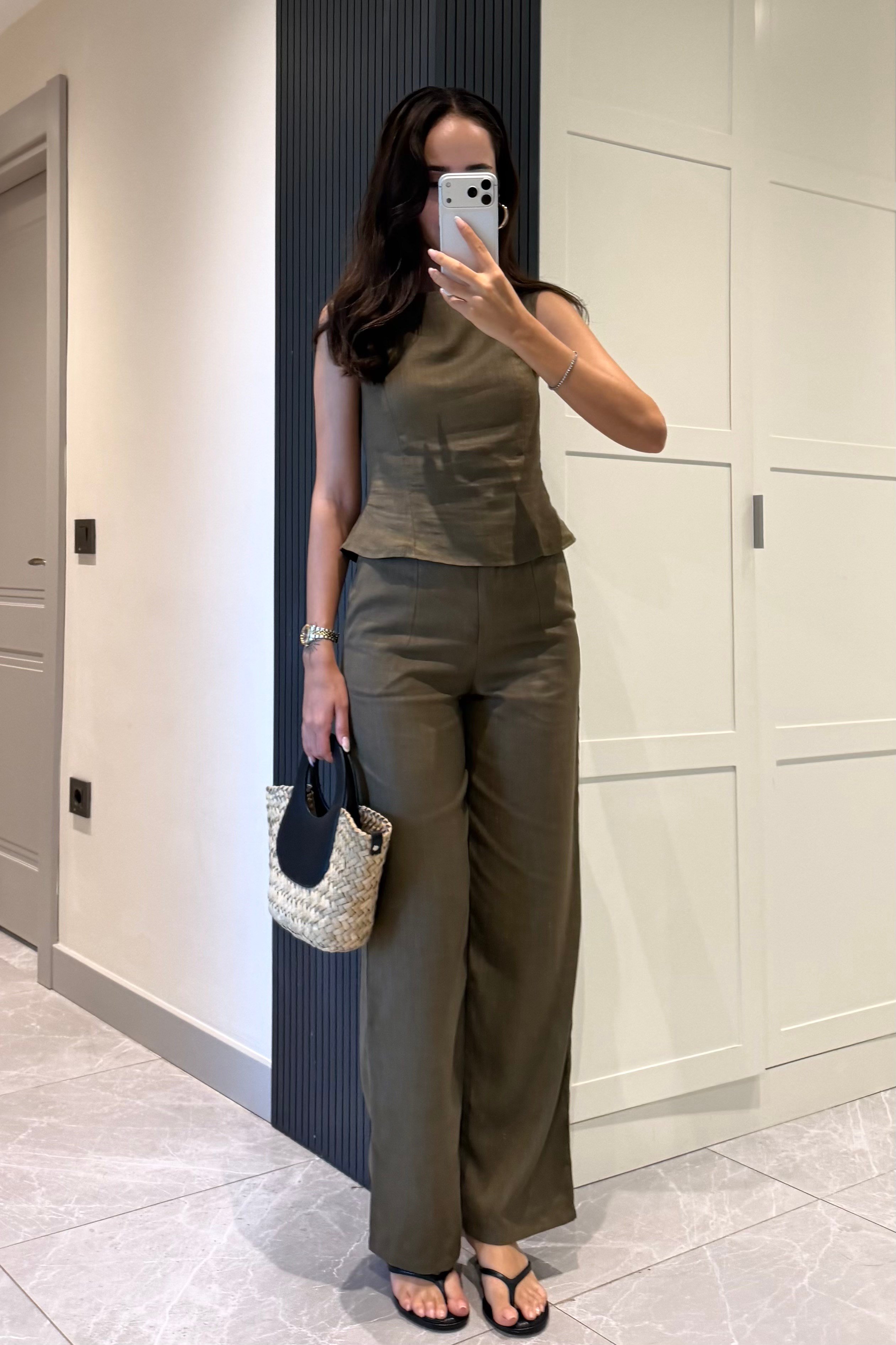 Haki Kolsuz Bluz Keten Takım - Kadın Takım Modelleri - Nazliye Moda | Kadın Giyim Modası