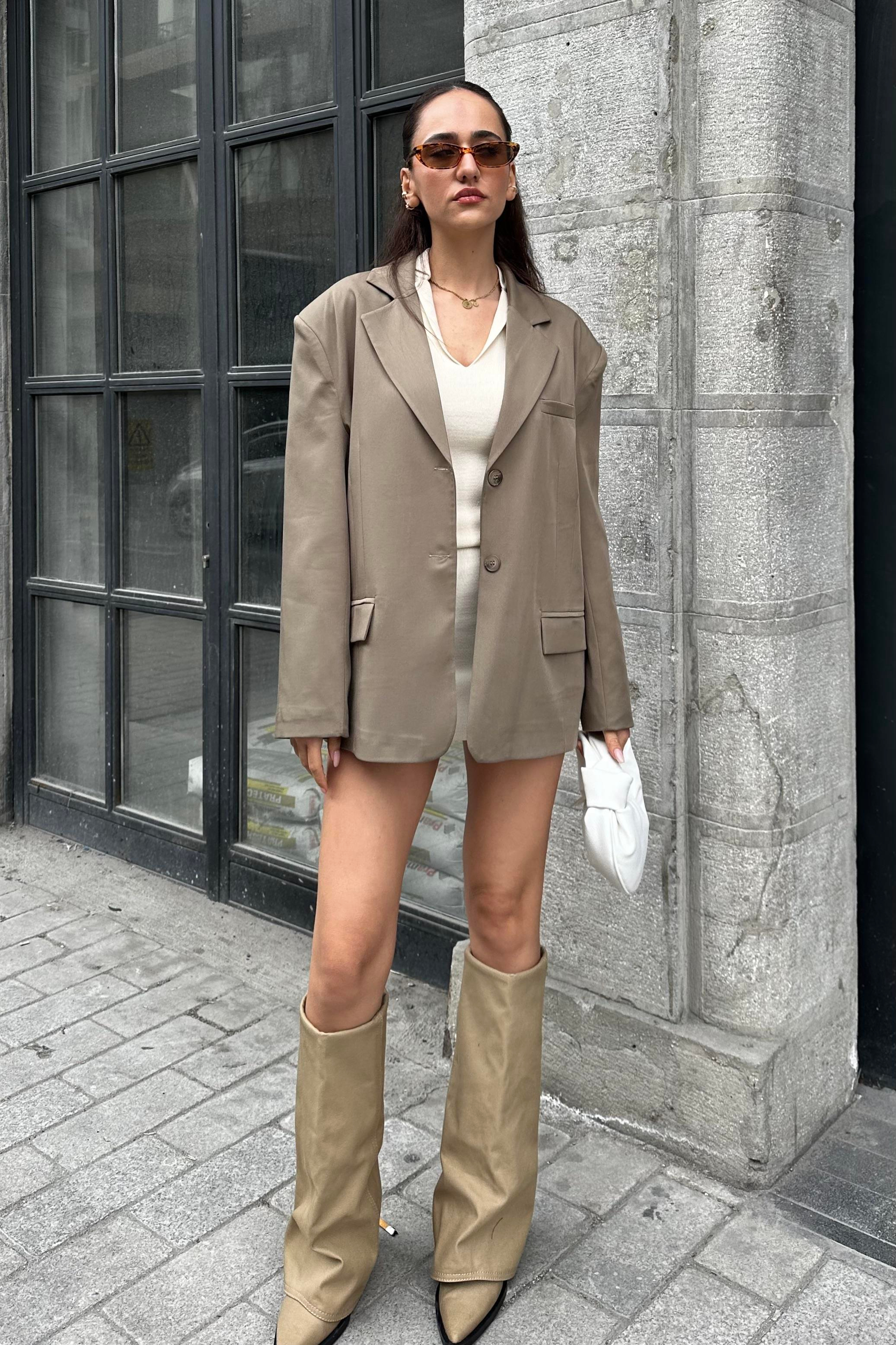 Haki Oversize Blazer Ceket - Kadın Blazer Ceket Modelleri - Nazliye Moda - Kadın Giyim Modası