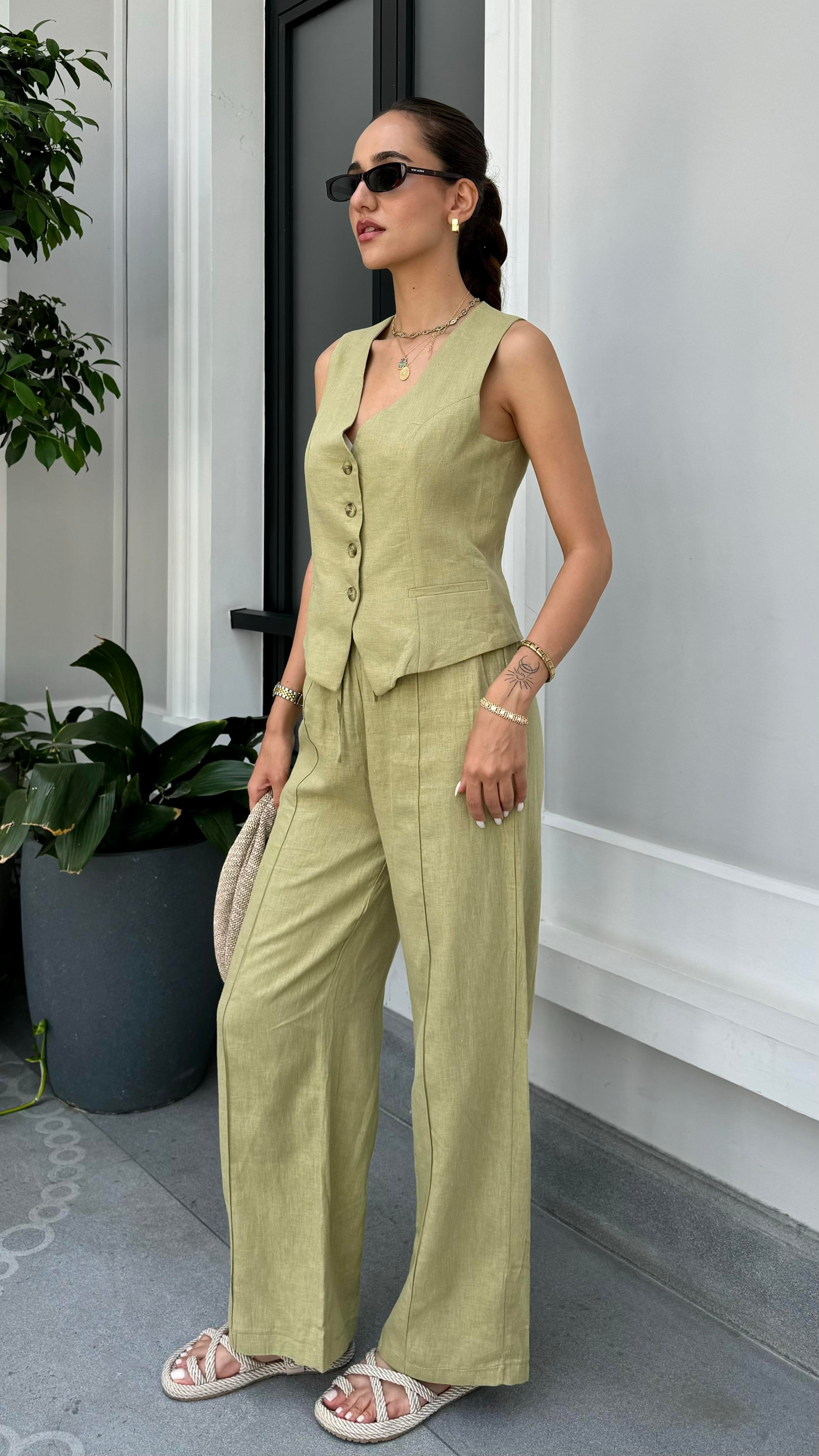 Haki Pantolon Yelek Keten Takım - Kadın Outfit Sets Modelleri - Nazliye Moda - Kadın Giyim Modası