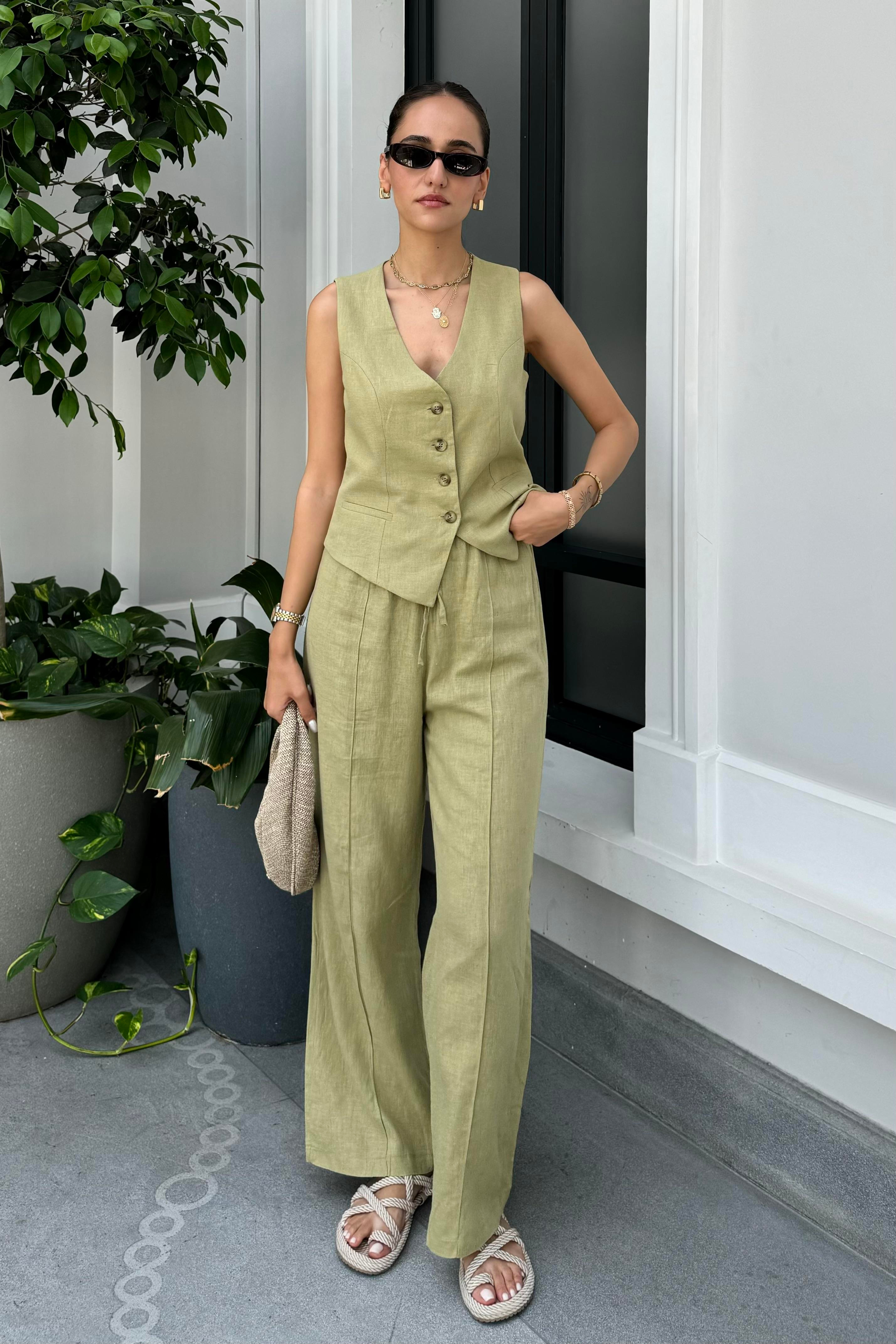 Haki Pantolon Yelek Keten Takım - Kadın Outfit Sets Modelleri - Nazliye Moda - Kadın Giyim Modası