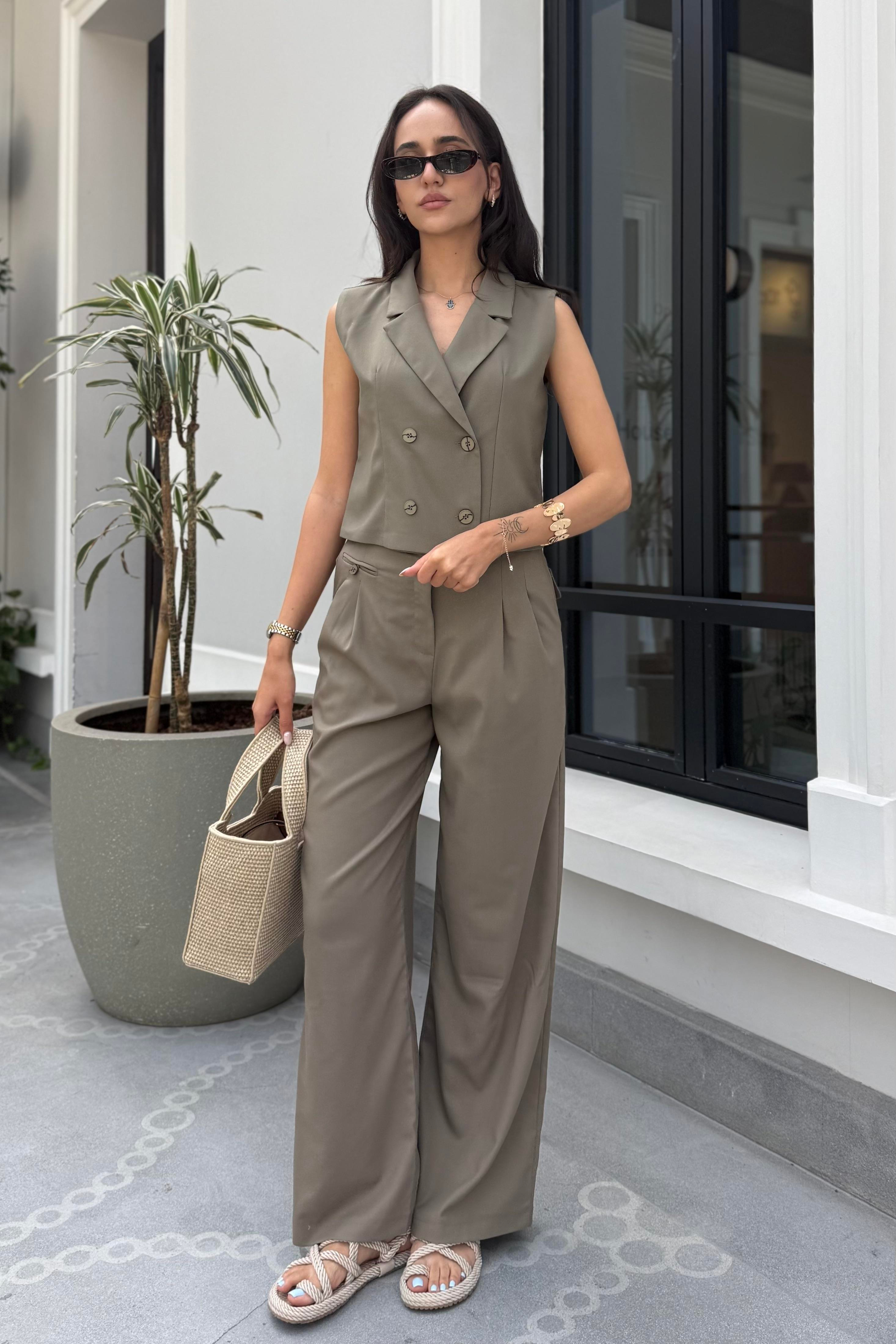 Haki Pile Detaylı Pantolon - Kadın Trousers Modelleri - Nazliye Moda | Kadın Giyim Modası