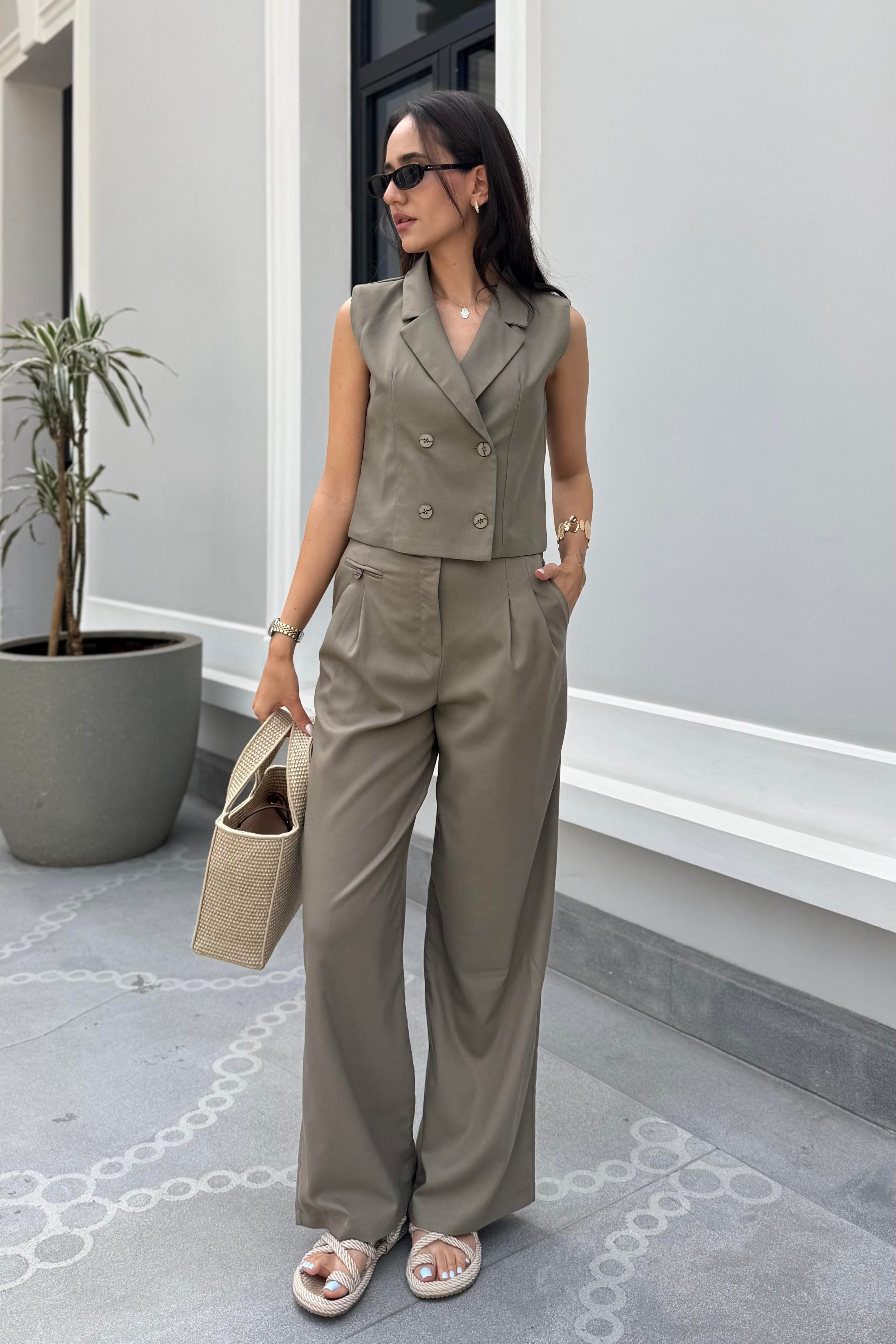 Haki Pile Detaylı Pantolon - Kadın Trousers Modelleri - Nazliye Moda | Kadın Giyim Modası