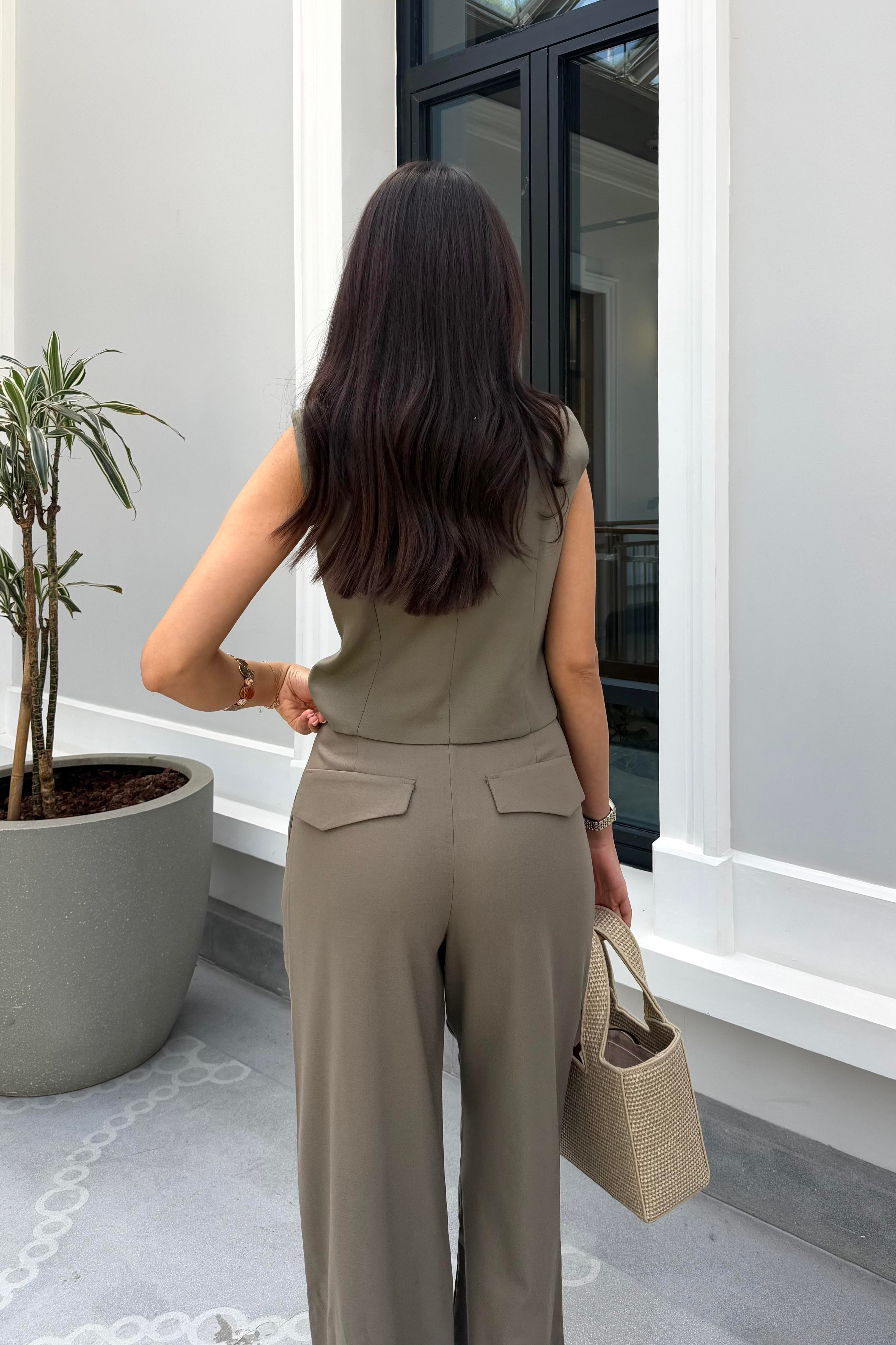 Haki Pile Detaylı Pantolon - Kadın Trousers Modelleri - Nazliye Moda | Kadın Giyim Modası
