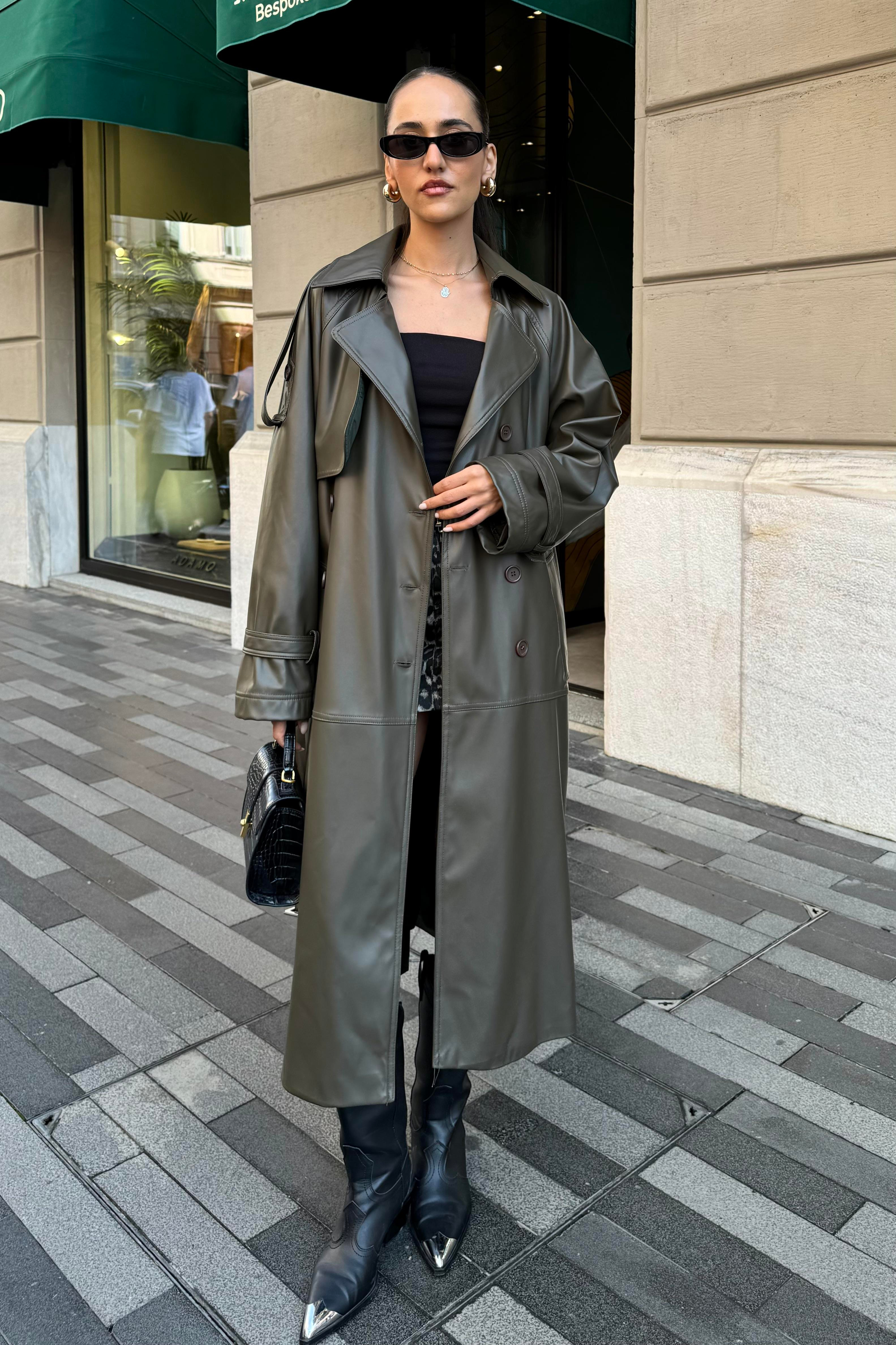 Haki Premium Deri Trençkot - Kadın Trençkot Modelleri - Nazliye Moda | Kadın Giyim Modası