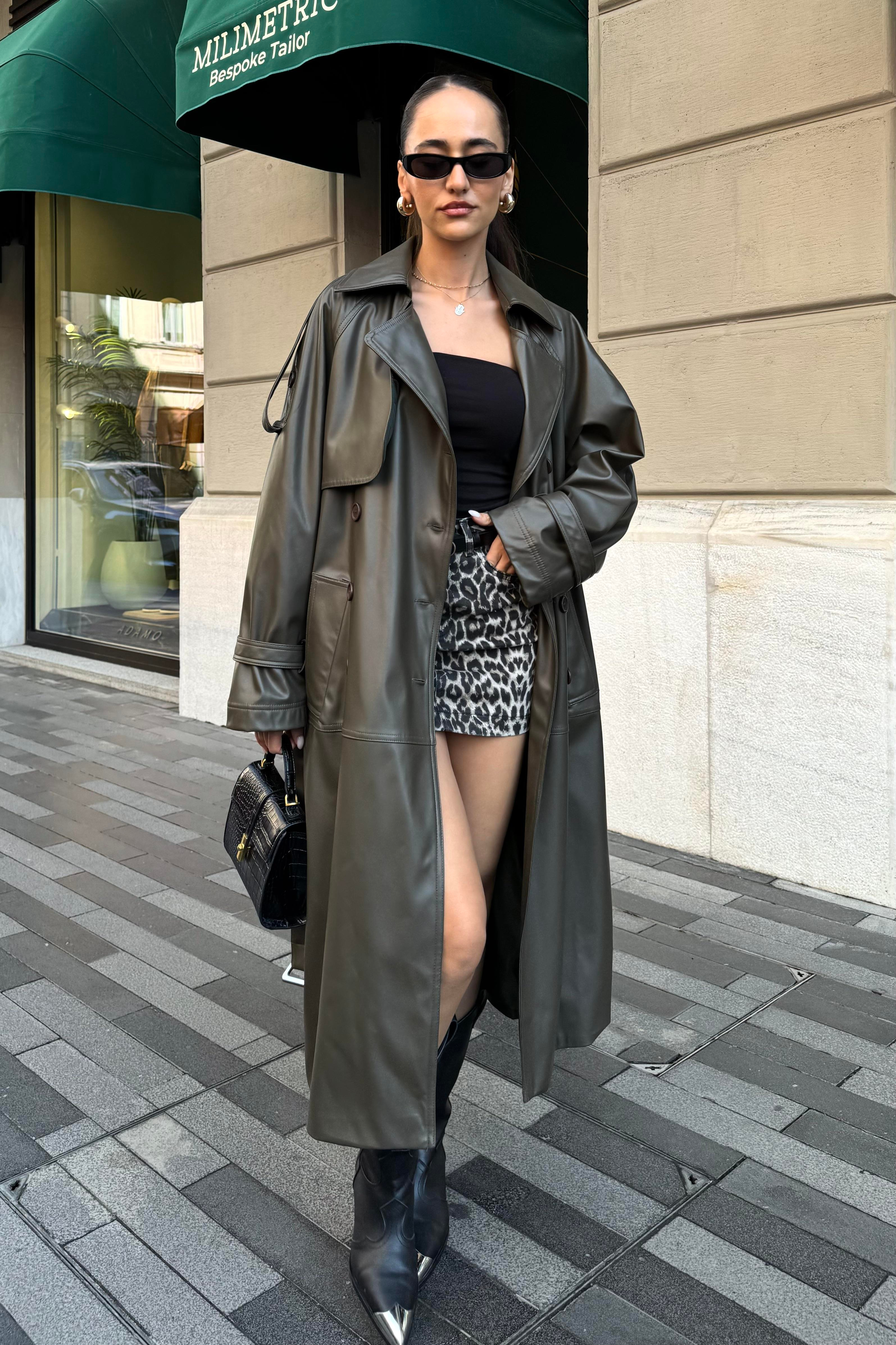 Haki Premium Deri Trençkot - Kadın Trençkot Modelleri - Nazliye Moda | Kadın Giyim Modası