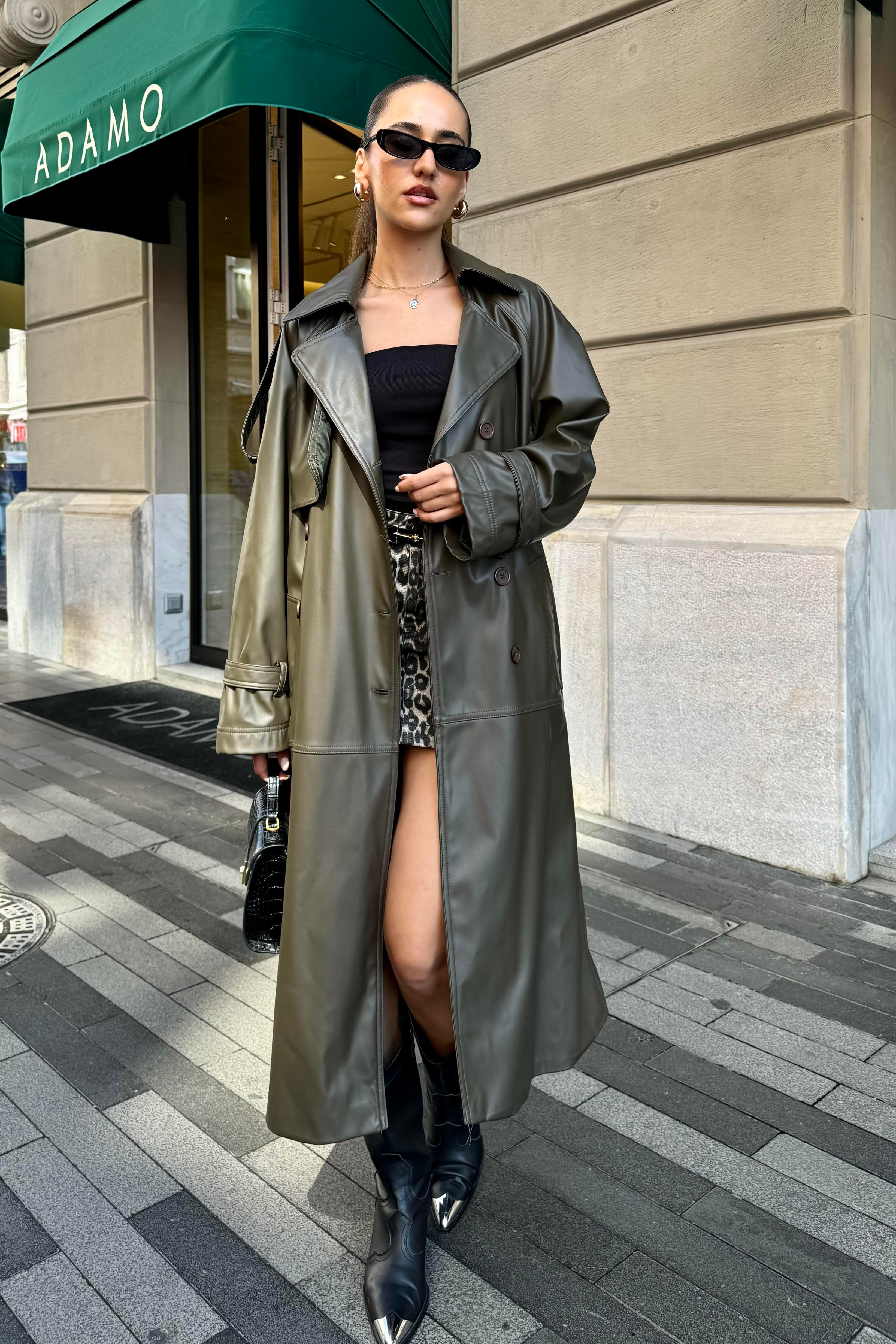 Haki Premium Deri Trençkot - Kadın Trençkot Modelleri - Nazliye Moda | Kadın Giyim Modası