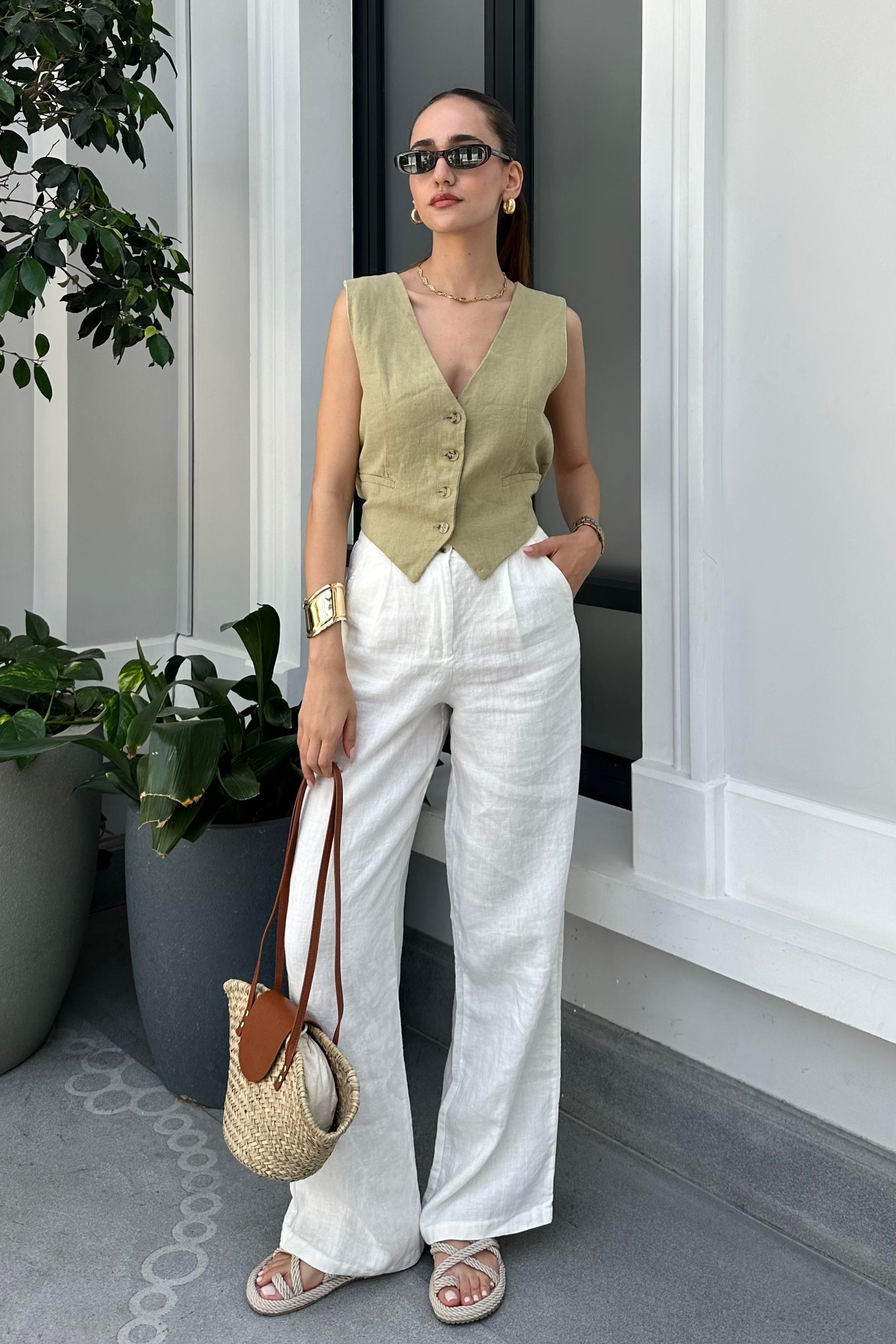 Haki Premium Ham Keten Yelek - Kadın Vests Modelleri - Nazliye Moda - Kadın Giyim Modası
