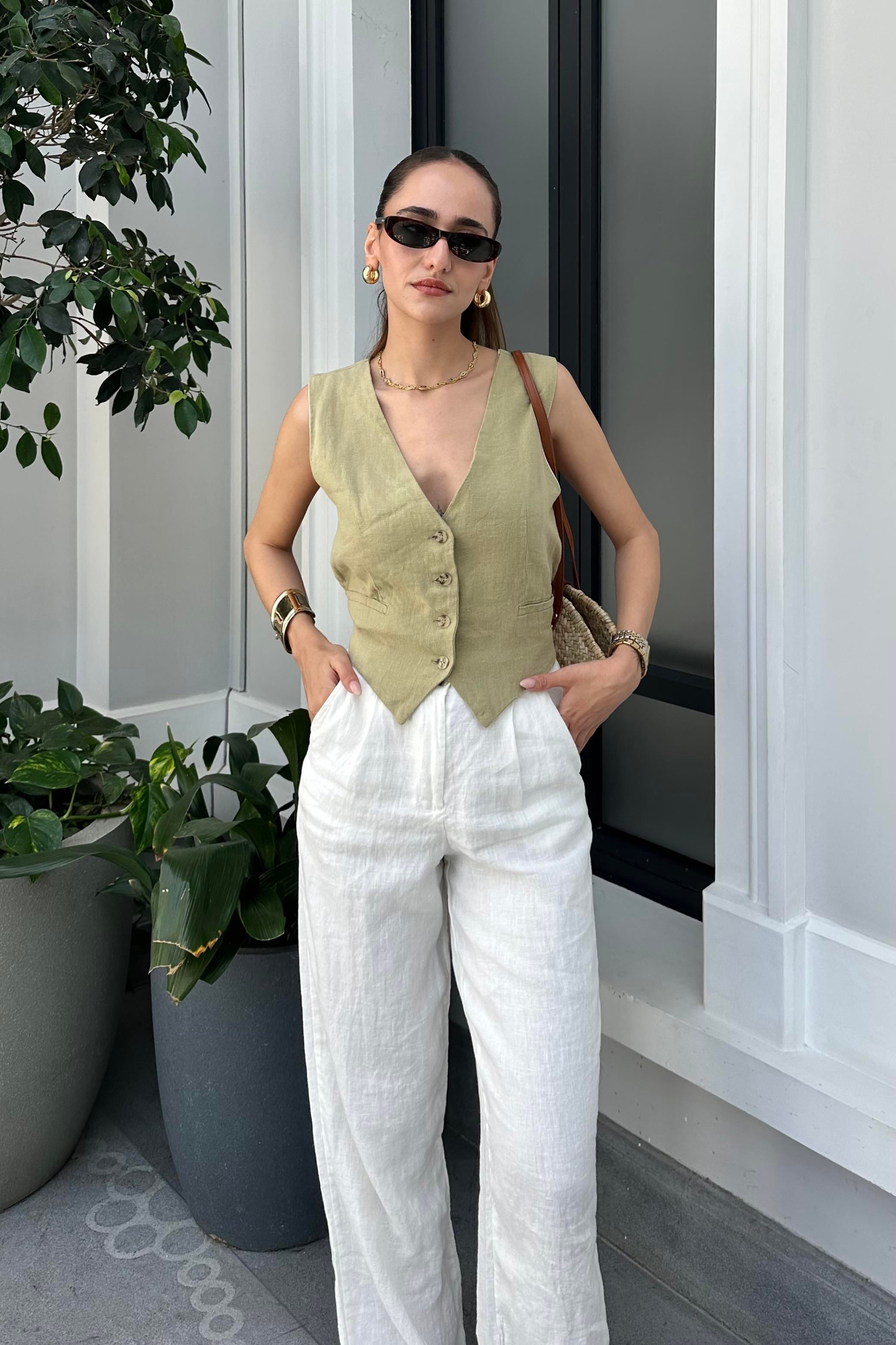 Haki Premium Ham Keten Yelek - Kadın Vests Modelleri - Nazliye Moda - Kadın Giyim Modası