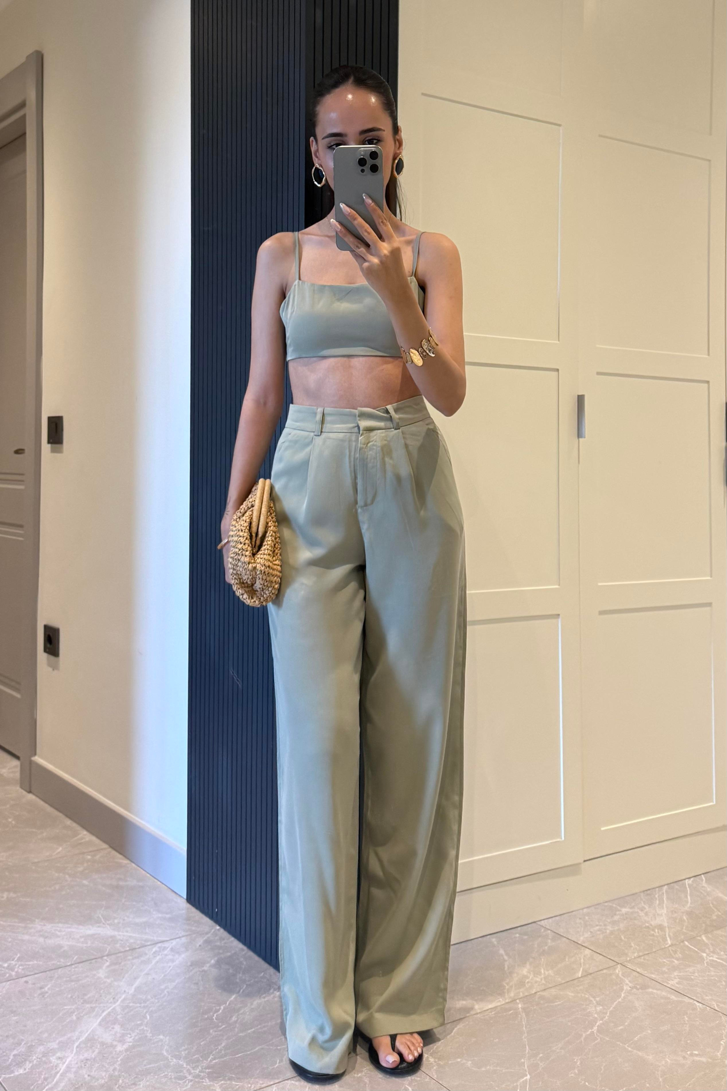 Haki Tensel Pantolon - Kadın Trousers Modelleri - Nazliye Moda | Kadın Giyim Modası