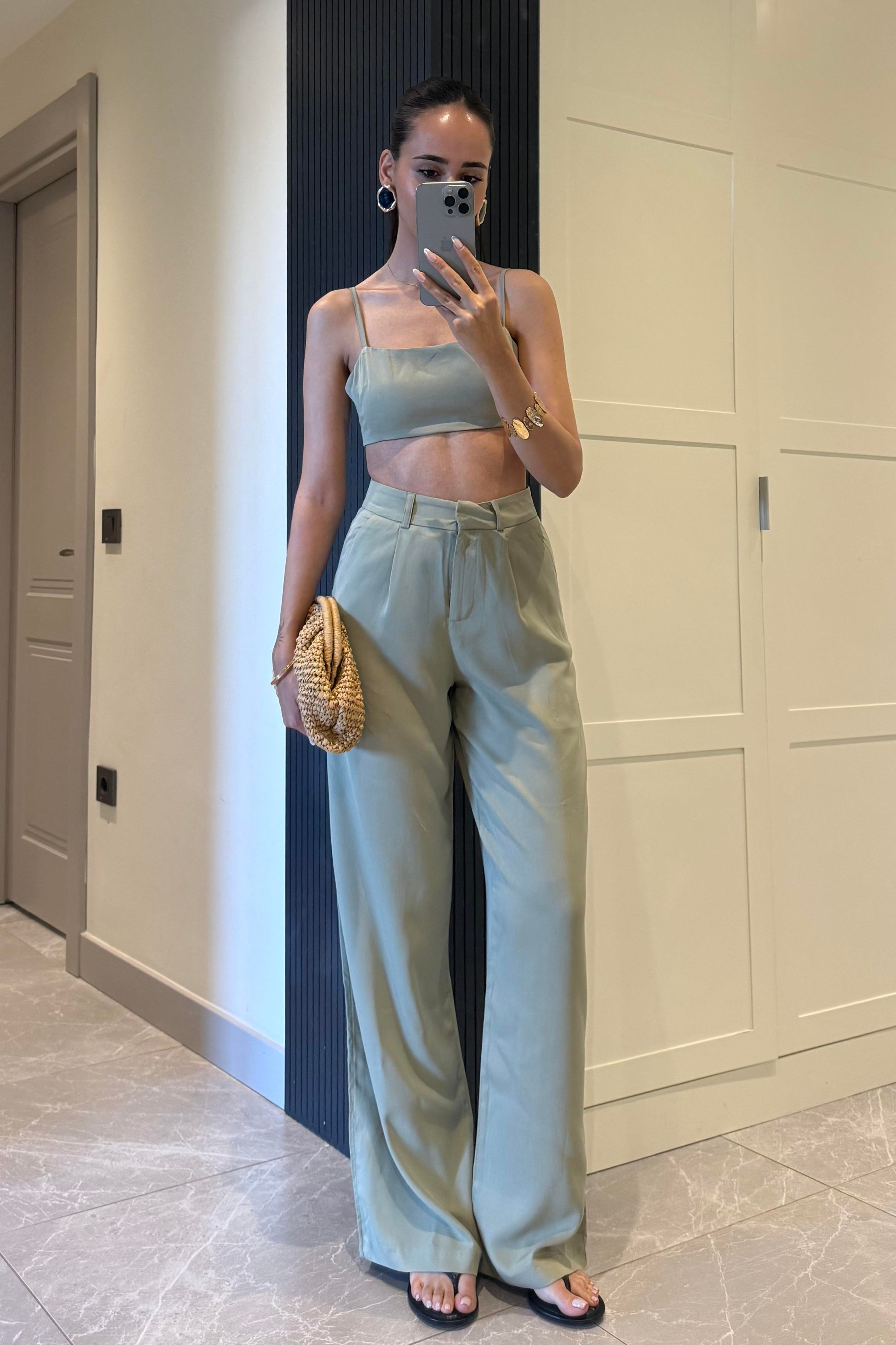 Haki Tensel Pantolon - Kadın Trousers Modelleri - Nazliye Moda | Kadın Giyim Modası